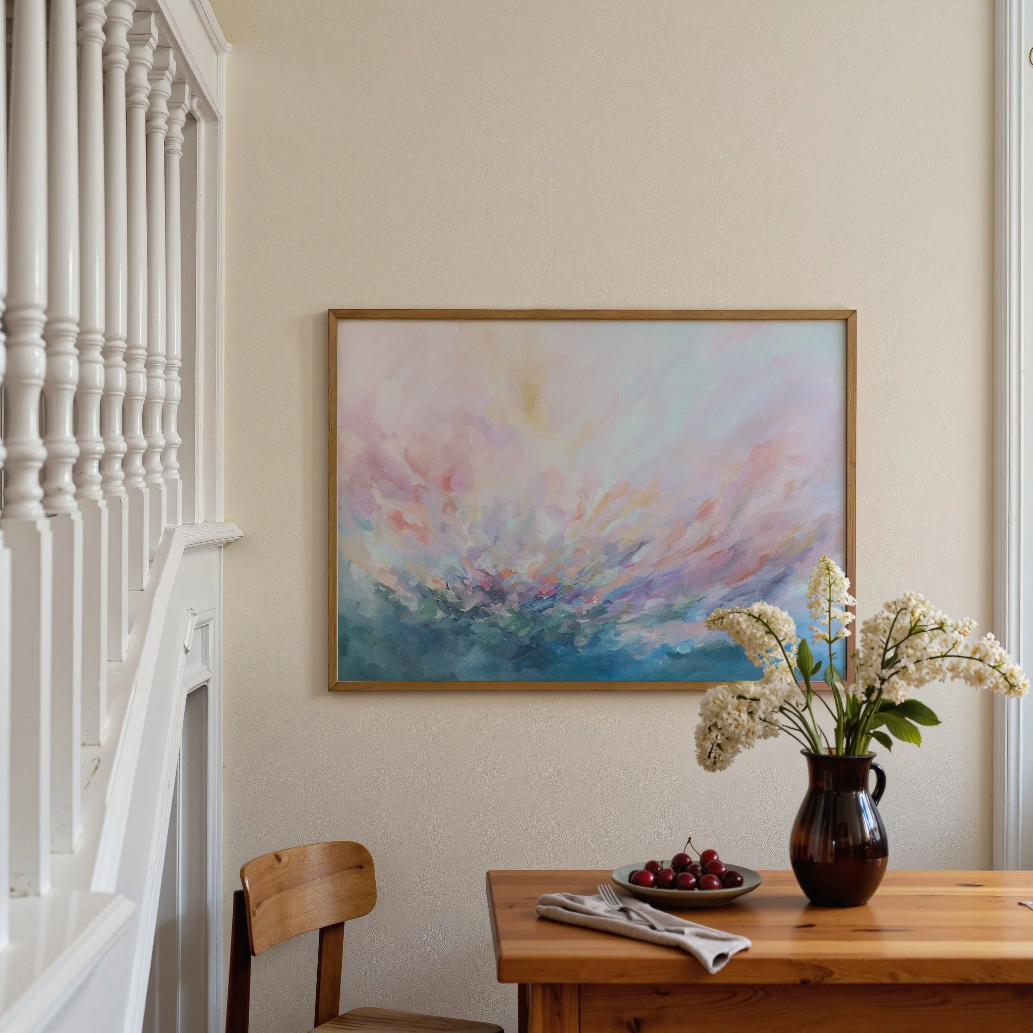 Abstract painting with a burst of pink, purple, and blue colors. The painting has a soft, dreamy feel and is perfect for adding a touch of color to any room. Horizontal art print by Kendra Castillo