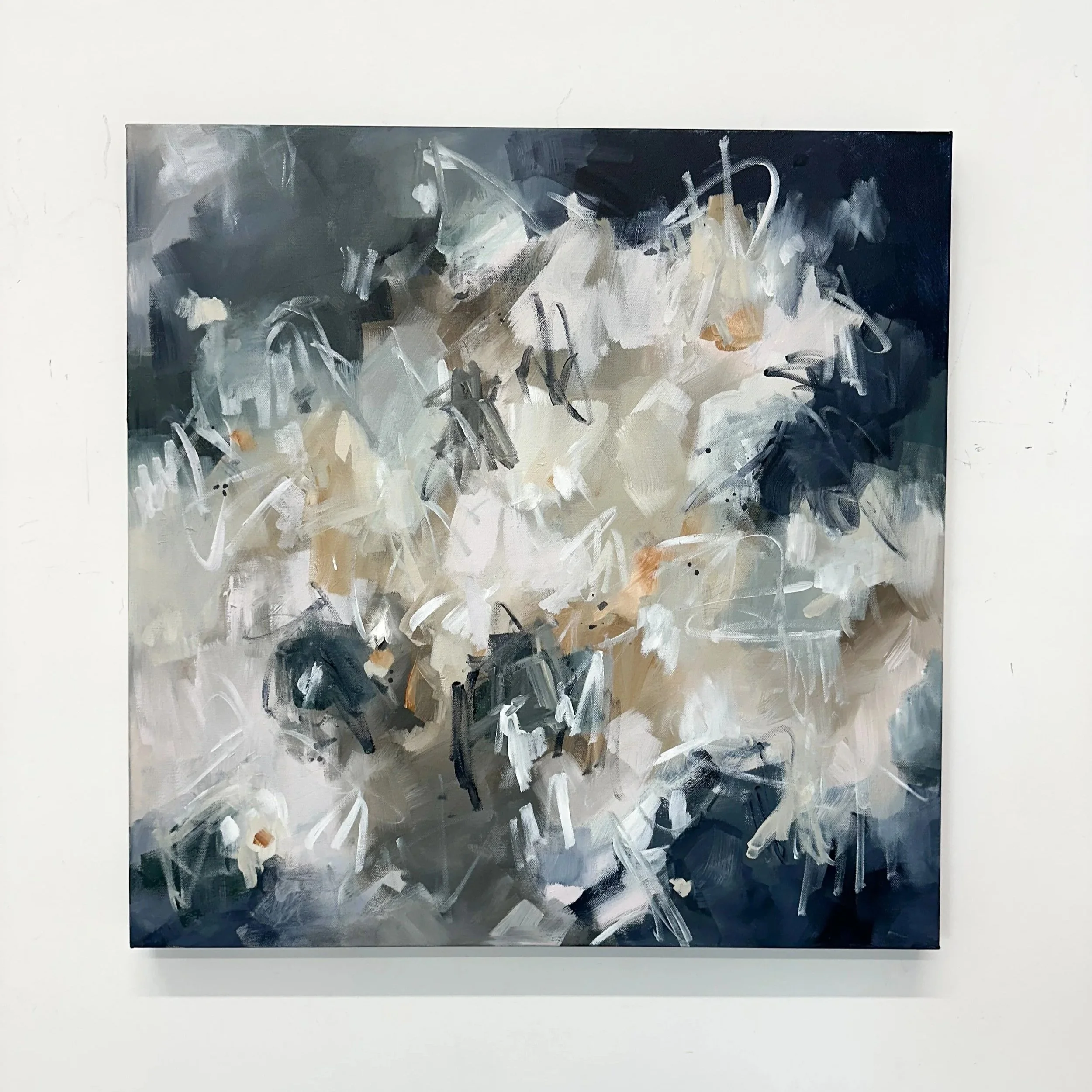 Original abstract painting titled Songs and Sounds by Bellingham artist Kendra Castillo, featuring layered navy, charcoal, cream, and white expressive brushstrokes on canvas.