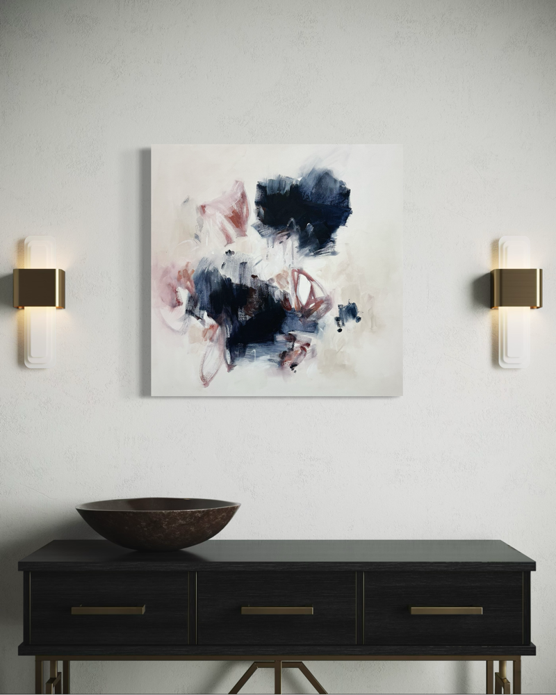 Minimal abstract acrylic painting by Washington artist Kendra Castillo with navy blue, blush pink, cream, and soft neutral tones on a 24x24 canvas.