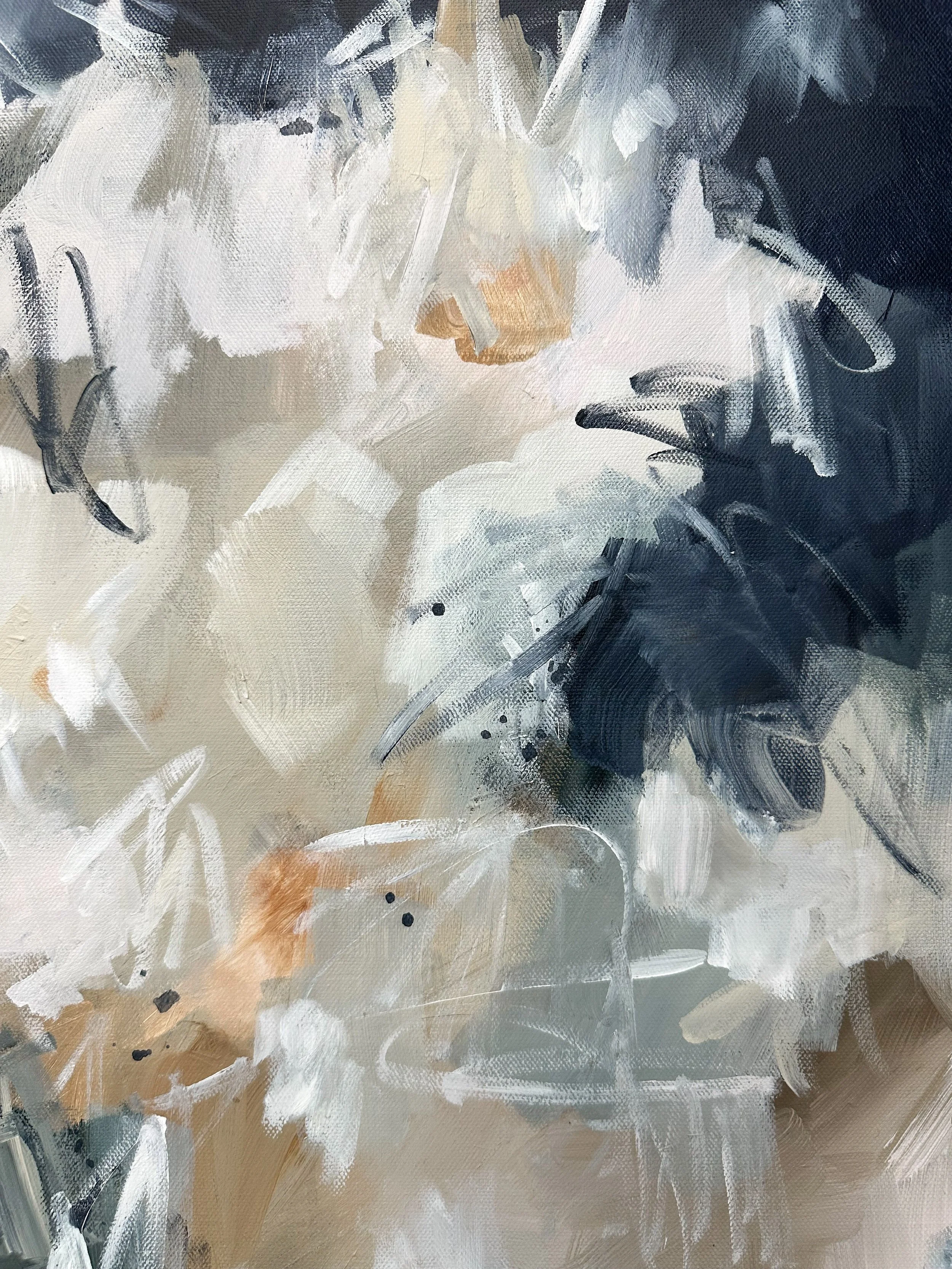 Close up of Navy and cream abstract original painting on canvas by Pacific Northwest artist Kendra Castillo, featuring layered movement, texture, and expressive marks.