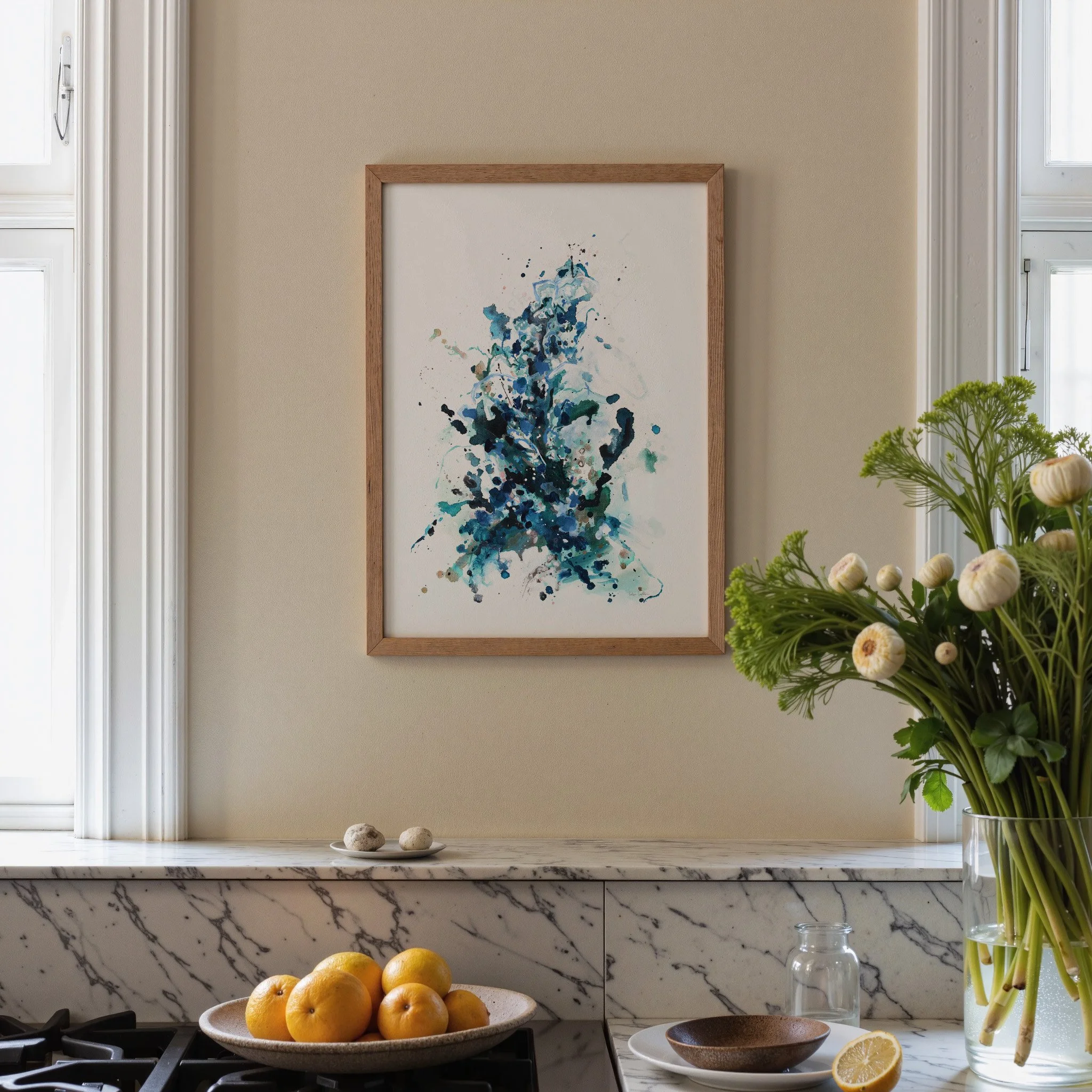 Blue and teal abstract art print with expressive splatter details, modern wall decor with airy white space. Vertical art print by Kendra Castillo, Bellingham, Washington artist