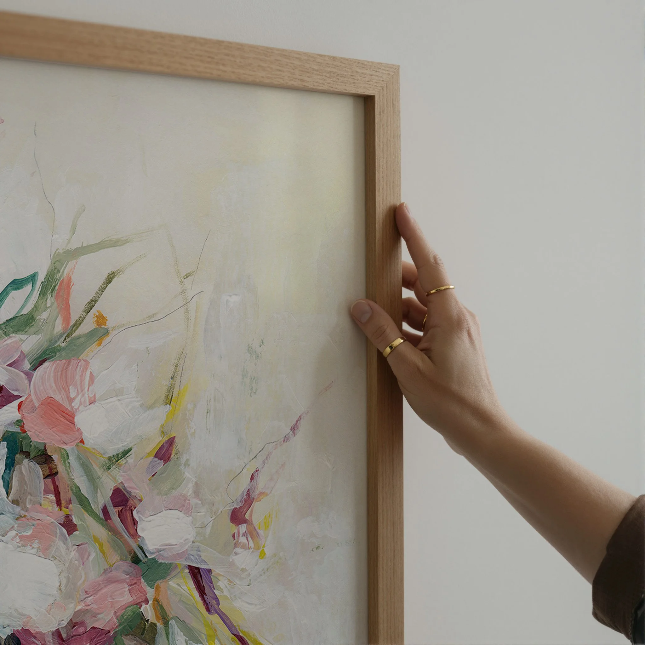 Abstract floral wall art print with soft pink, cream, and sage tones, airy modern decor. Art by Kendra Castillo, Bellingham Washington Artist