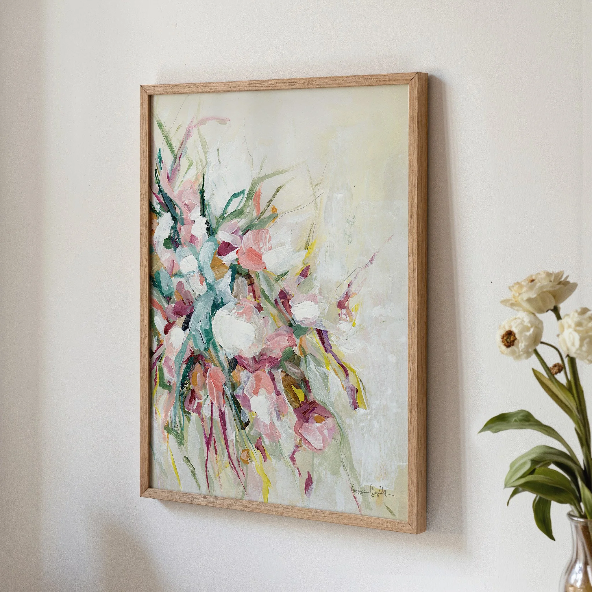 Abstract floral wall art print with soft pink, cream, and sage tones, airy modern decor. Art by Kendra Castillo, Bellingham Washington Artist