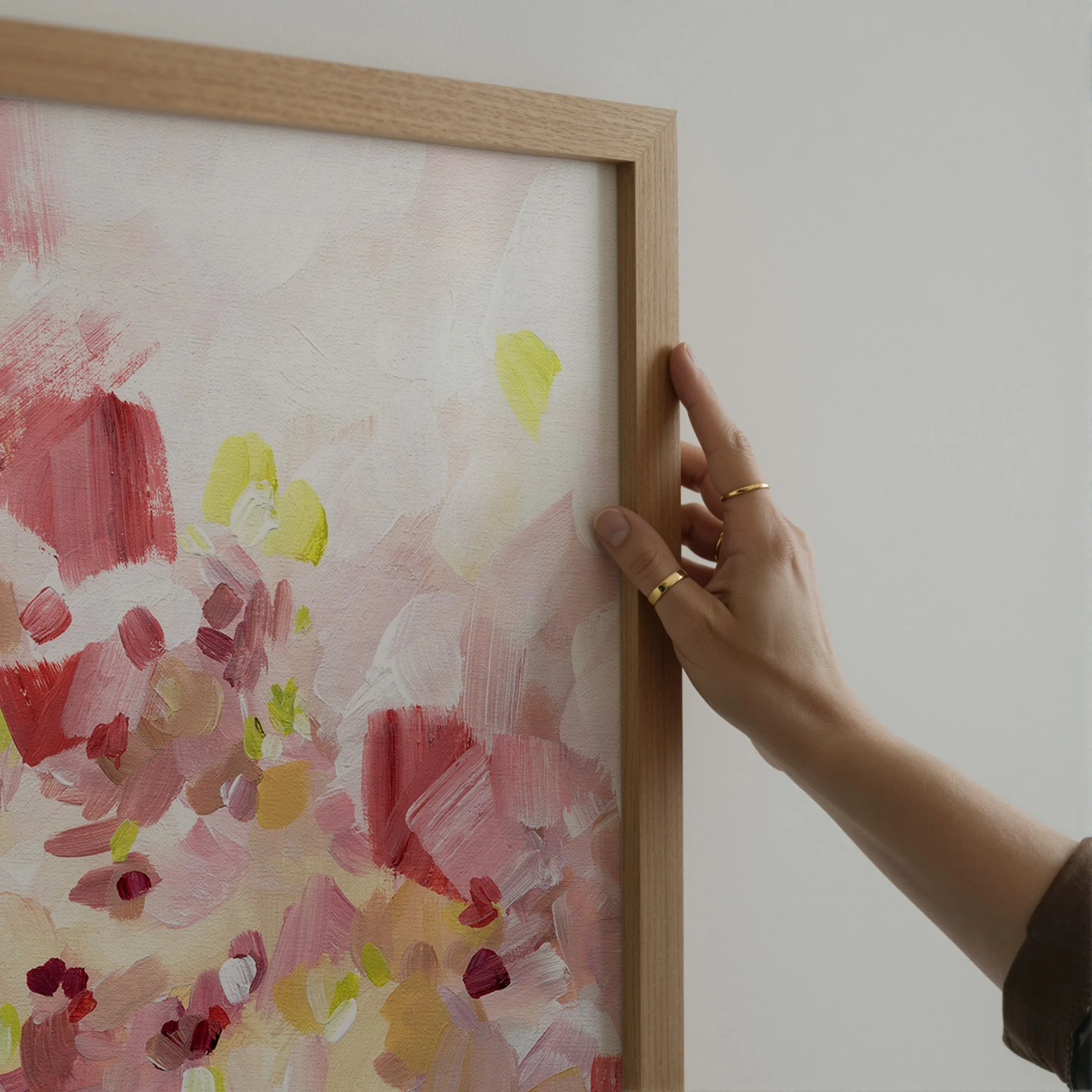 Soft abstract art print with layered pink brushstrokes and warm creamy tones, light airy wall decor. Art by Kendra Castillo