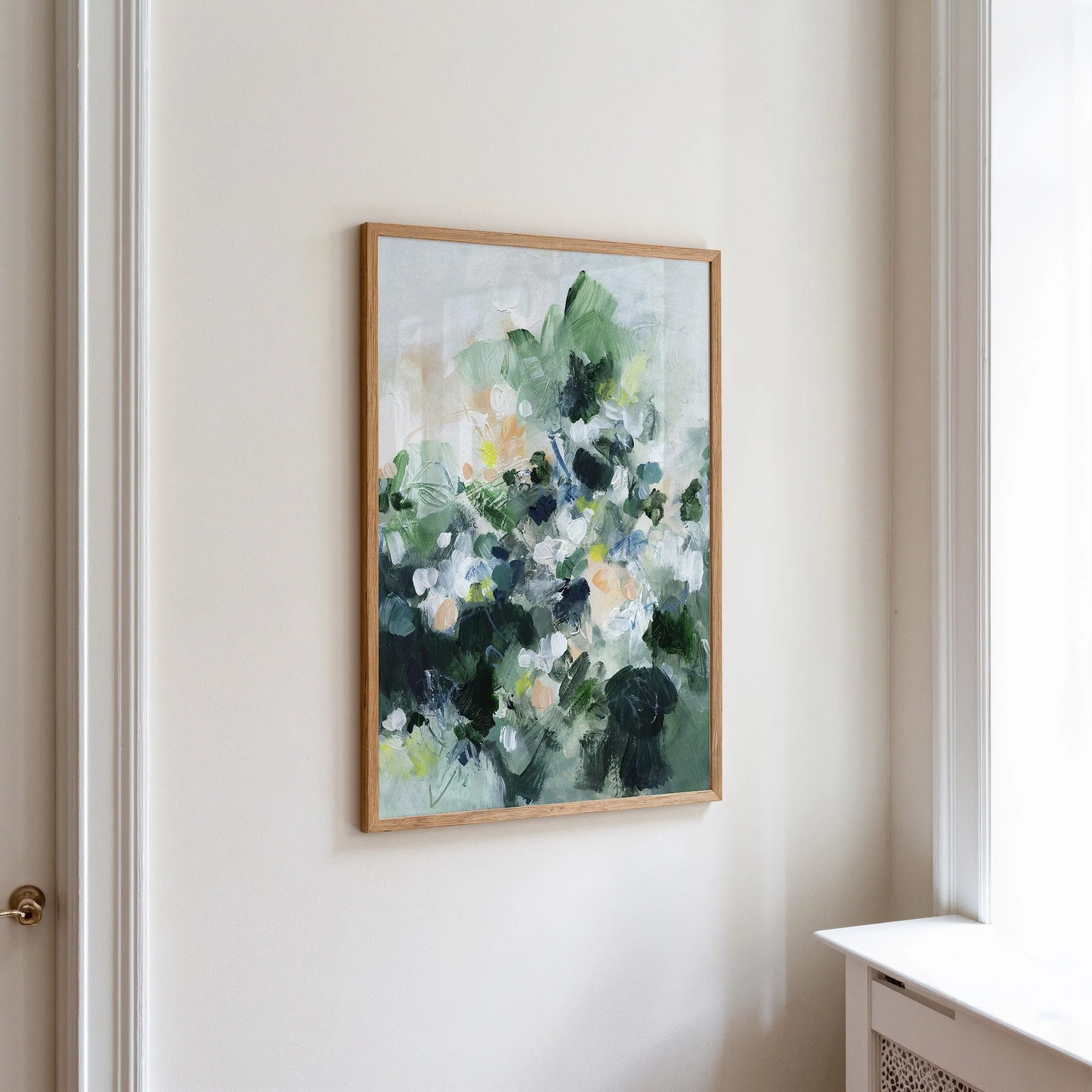 Green abstract wall art print with layered brushstrokes and soft neutral accents, organic modern decor. Art by Kendra Castillo, Bellingham Washington artist