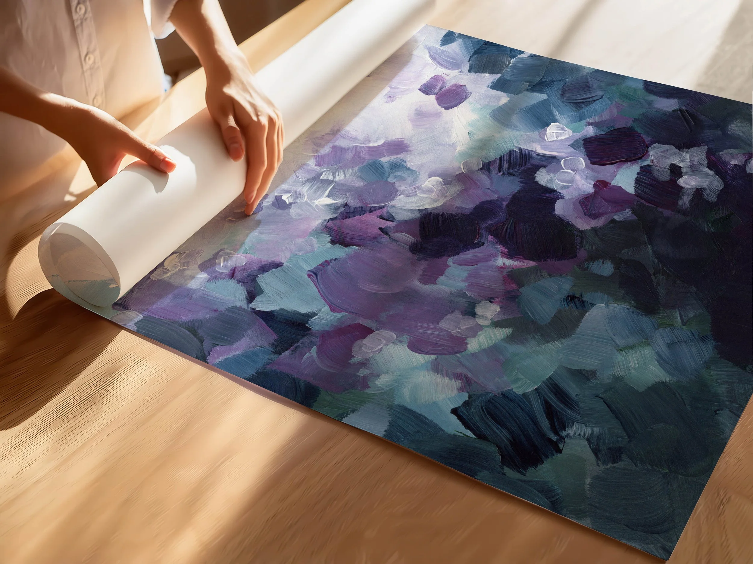 Playful Wonder - contemporary vertical abstract art print with purple accents. Art by Kendra Castillo