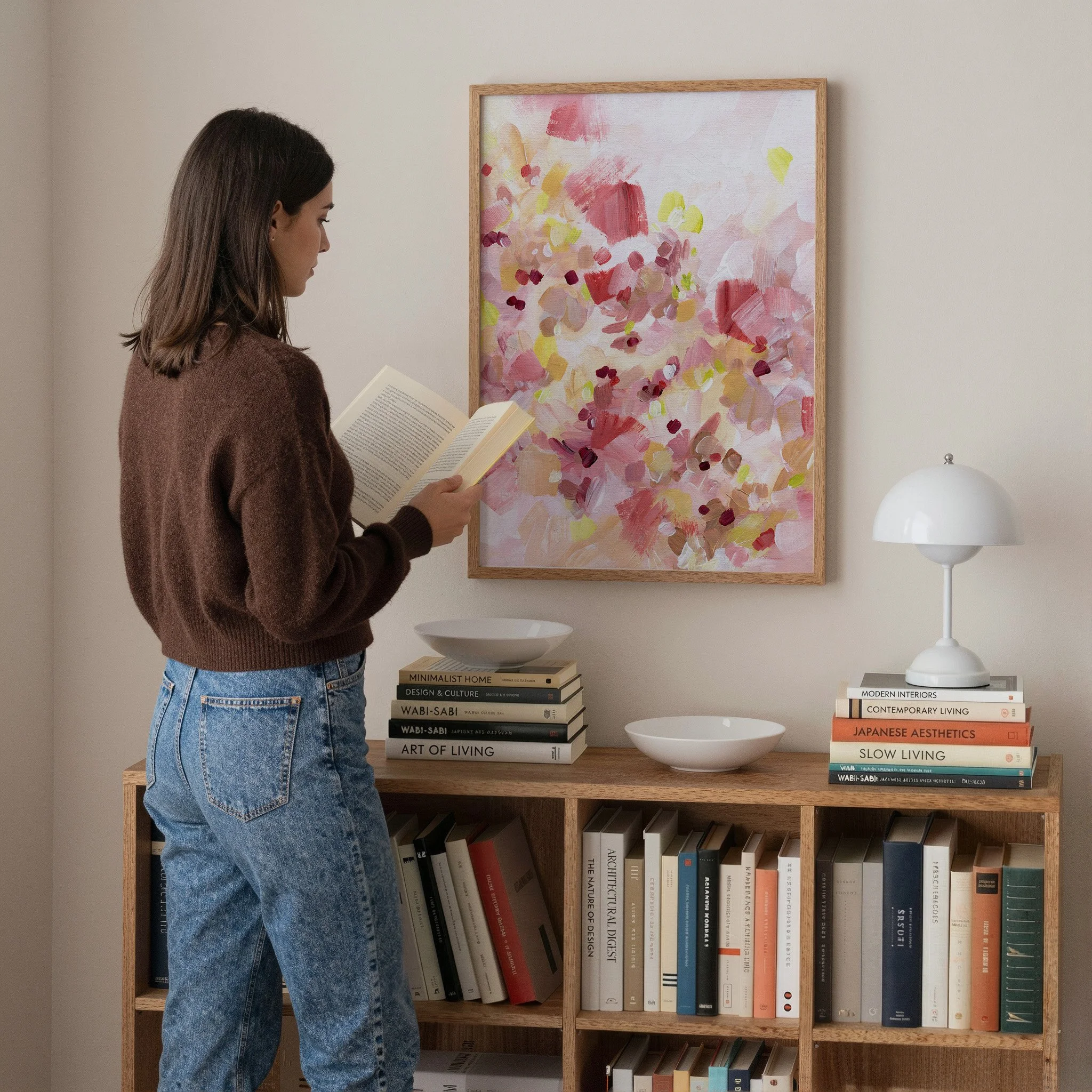 Soft abstract art print with layered pink brushstrokes and warm creamy tones, light airy wall decor. Art by Kendra Castillo