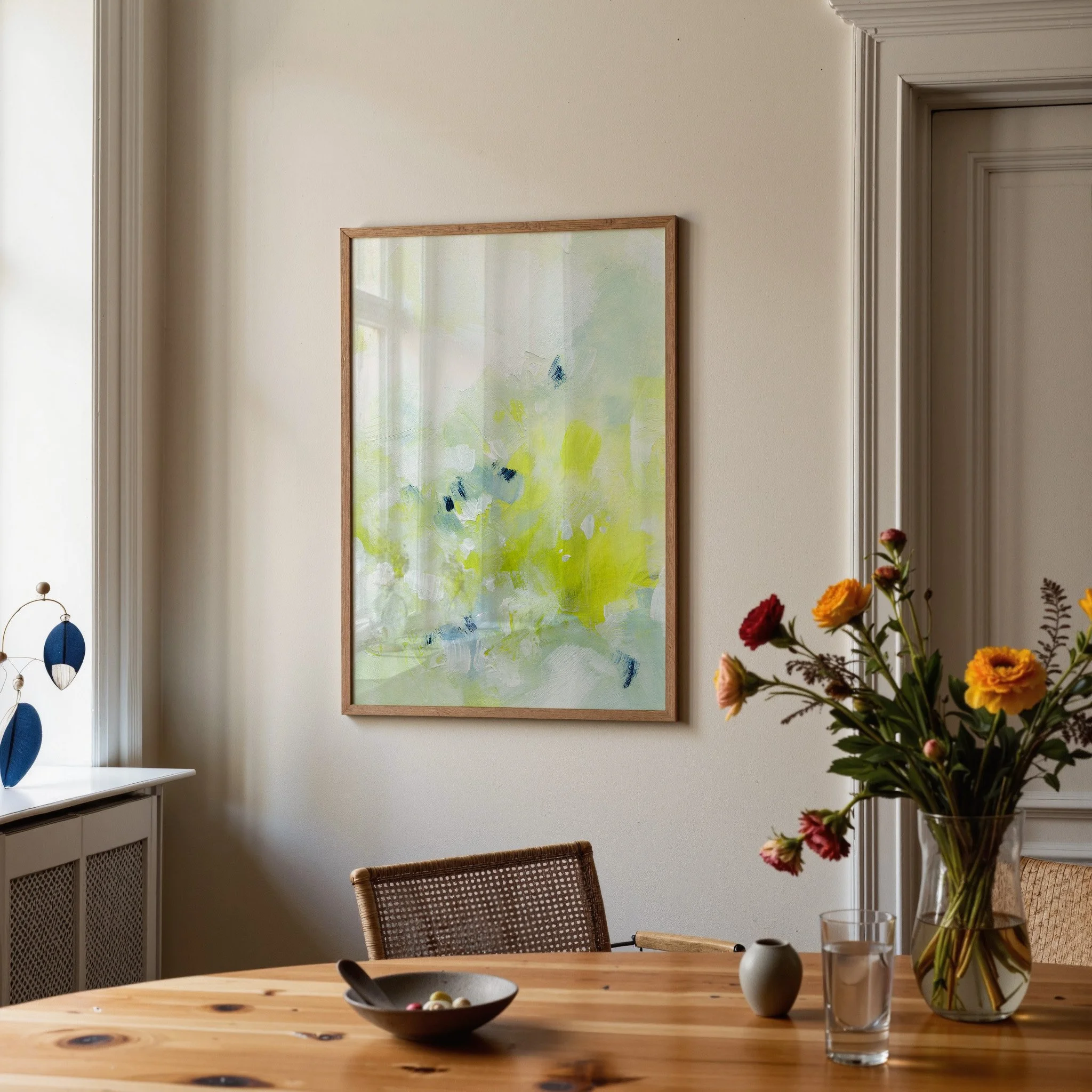 Minimal abstract fine art print with pale sage and bright chartreuse accents, fresh contemporary wall decor. Art by Kendra Castillo, Bellingham Washington artist