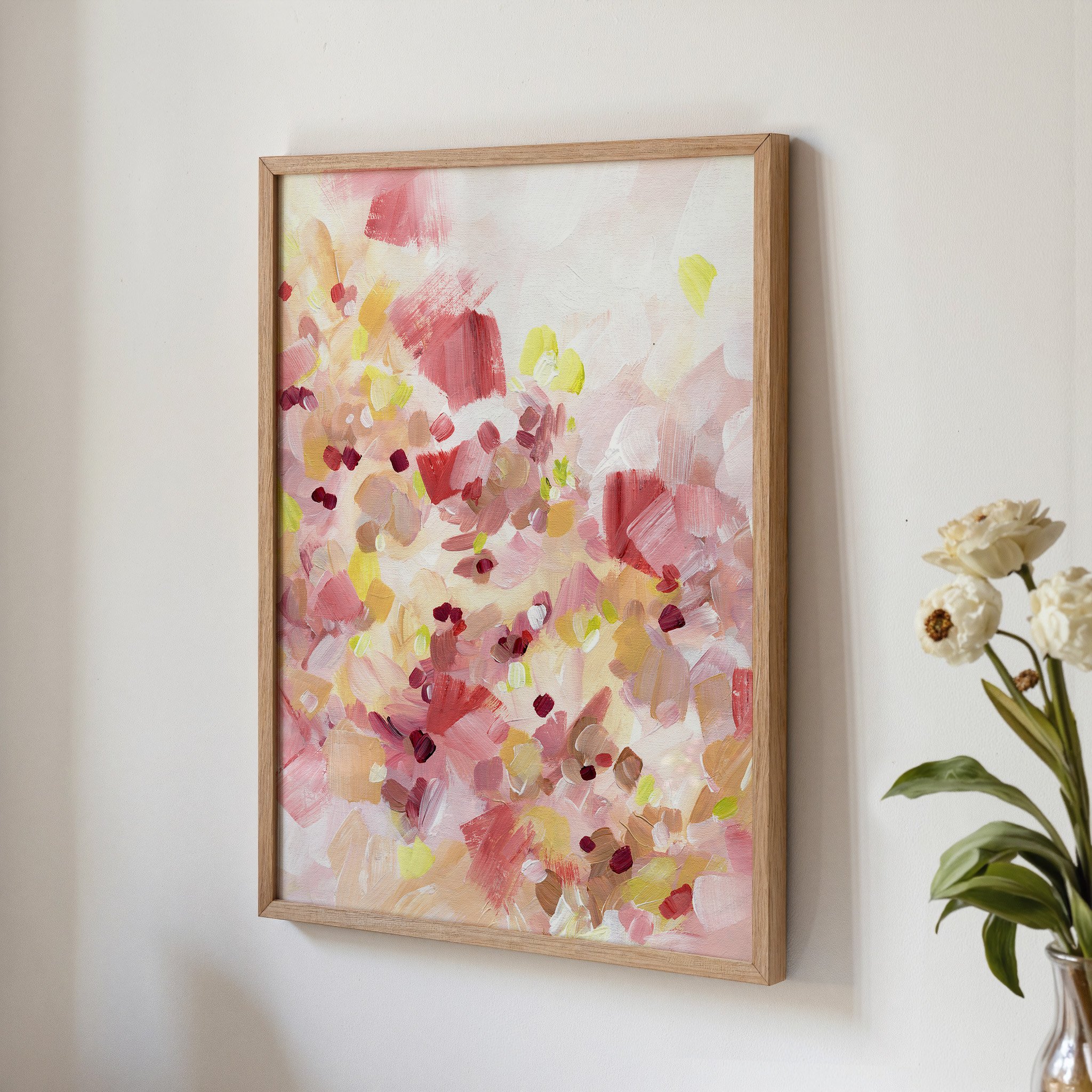 Soft abstract art print with layered pink brushstrokes and warm creamy tones, light airy wall decor. Art by Kendra Castillo