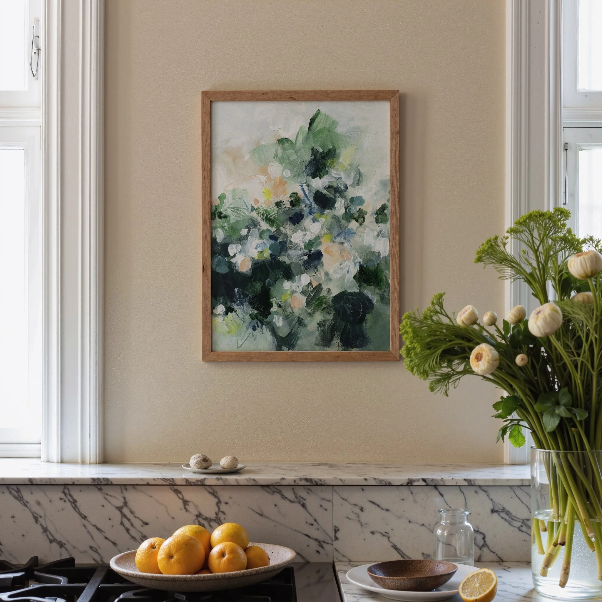 Green abstract wall art print with layered brushstrokes and soft neutral accents, organic modern decor. Art by Kendra Castillo, Bellingham Washington artist
