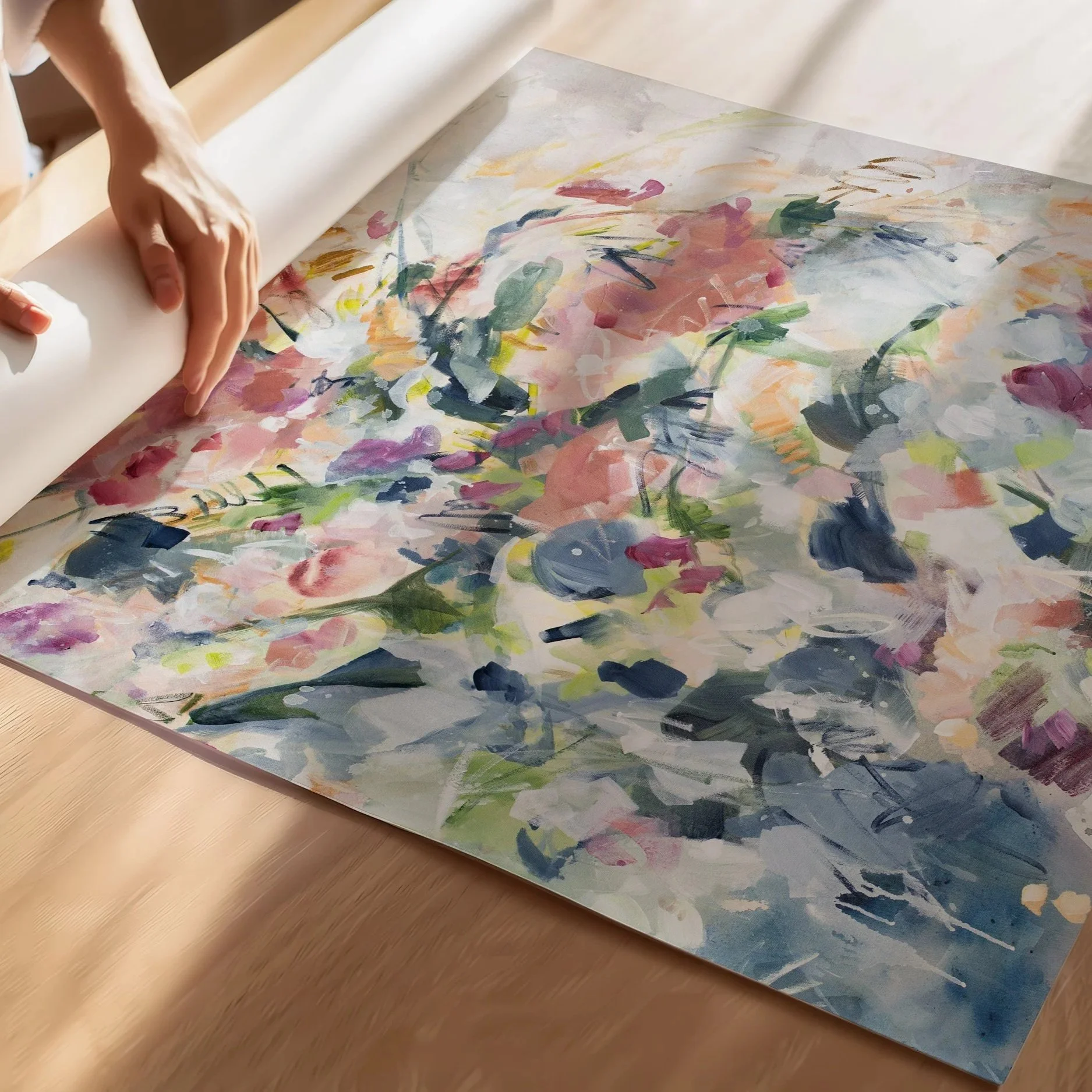 Close-up of Still Garden abstract floral art print by Kendra Castillo showing expressive painterly texture on archival matte paper.
