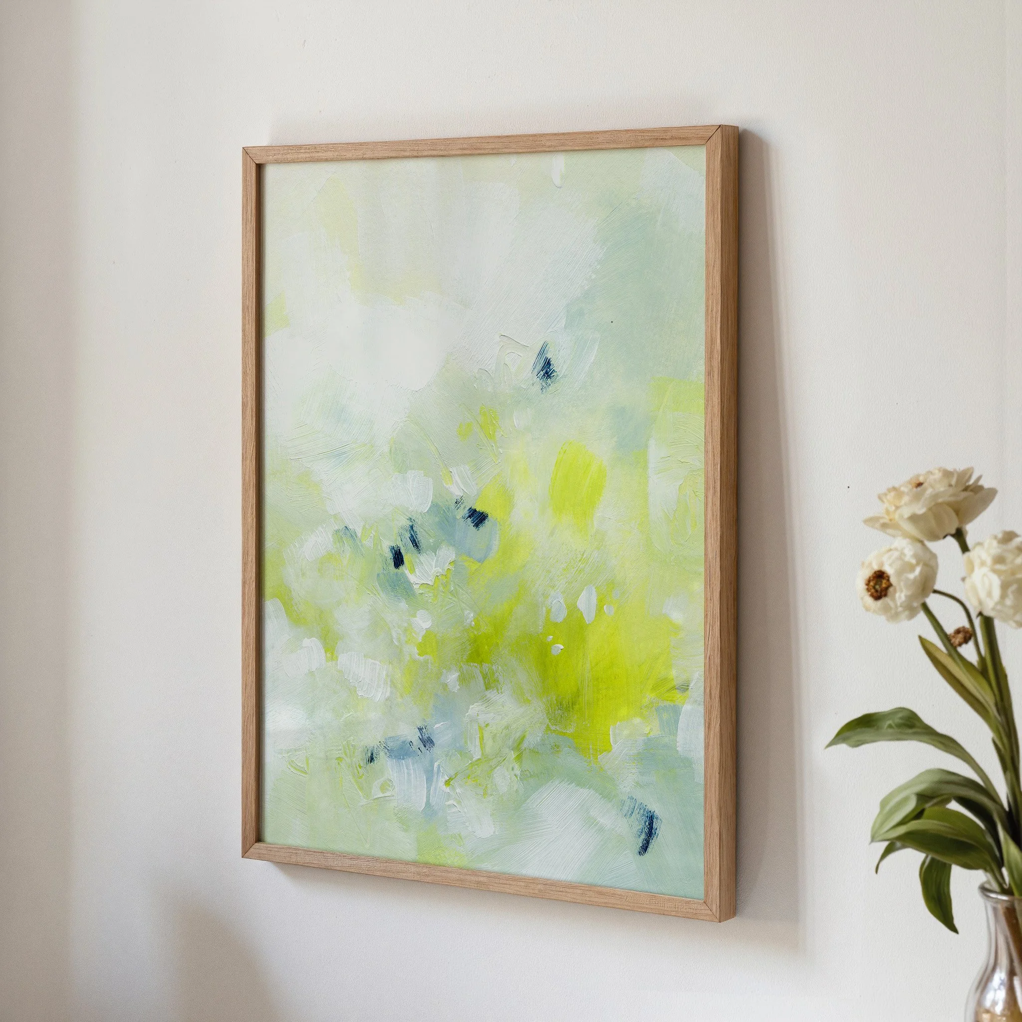 Minimal abstract fine art print with pale sage and bright chartreuse accents, fresh contemporary wall decor. Art by Kendra Castillo, Bellingham Washington artist