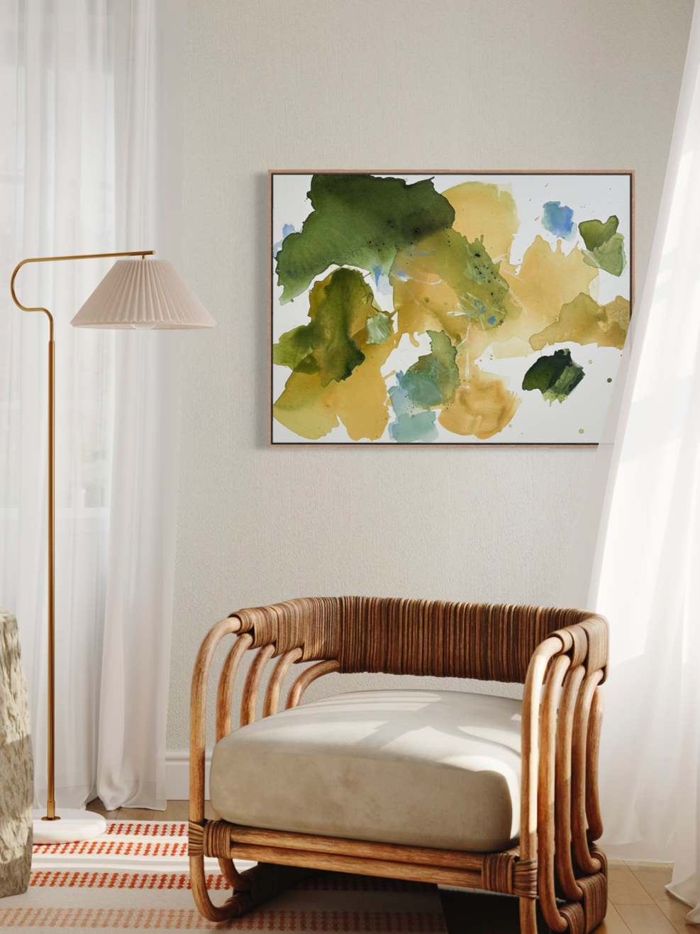 Modern living room with canvas painting in rich greens, yellow gold tones and soft blue accents in this 30x40 original abstract painting by Kendra Castillo