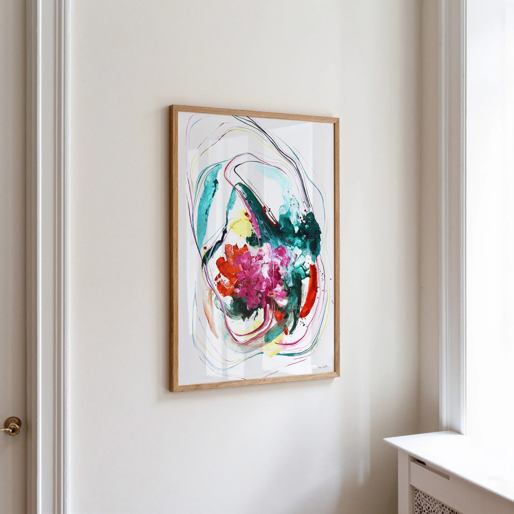 Colorful abstract art print by Kendra Castillo, pink, red, teals accent this vertical art print