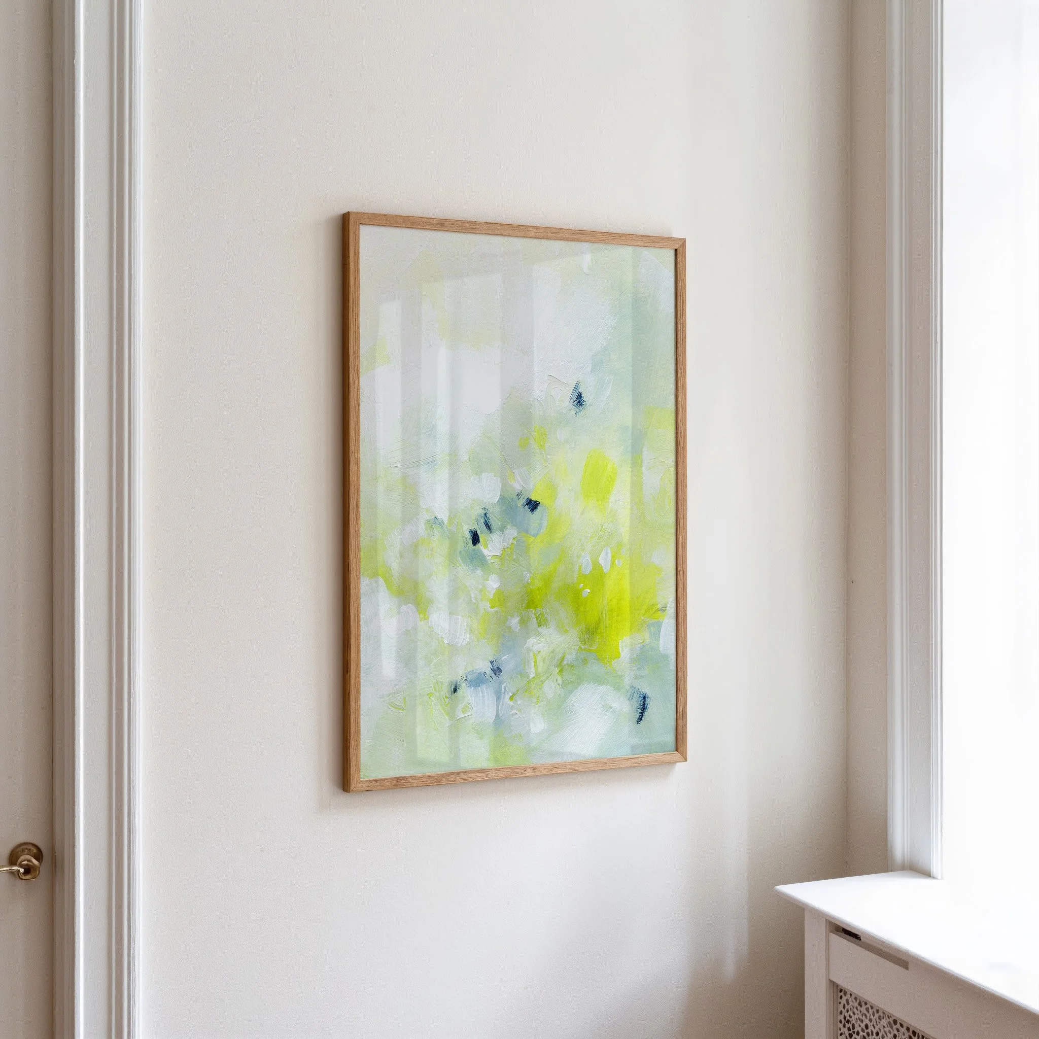 Light sage and lime green abstract art print with loose brushwork, soft blue-grey marks, and sunlit color washes, fresh nature-inspired wall decor. Print by Kendra Castillo, Bellingham Washington artist.