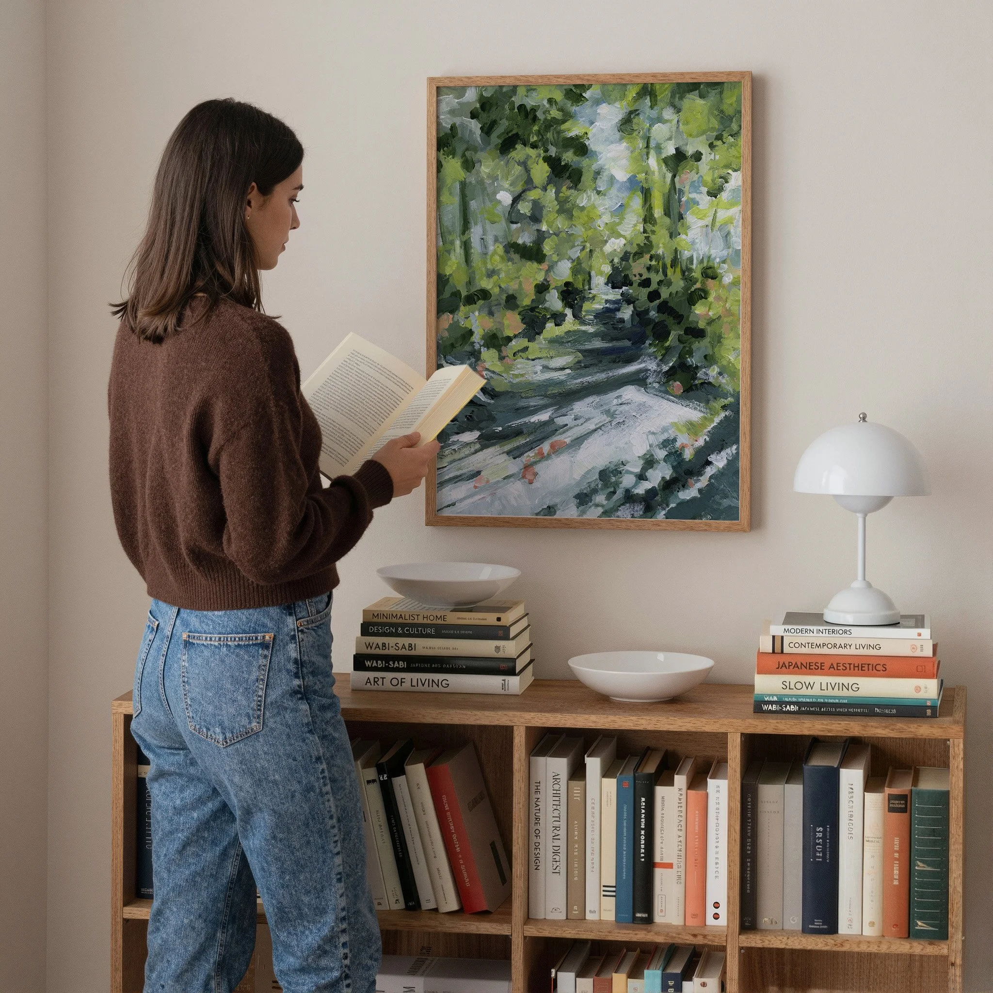 Abstract forest landscape wall art print in layered greens and soft neutrals, contemporary organic decor. Vertical Print by Kendra Castillo, Bellingham Washington artist