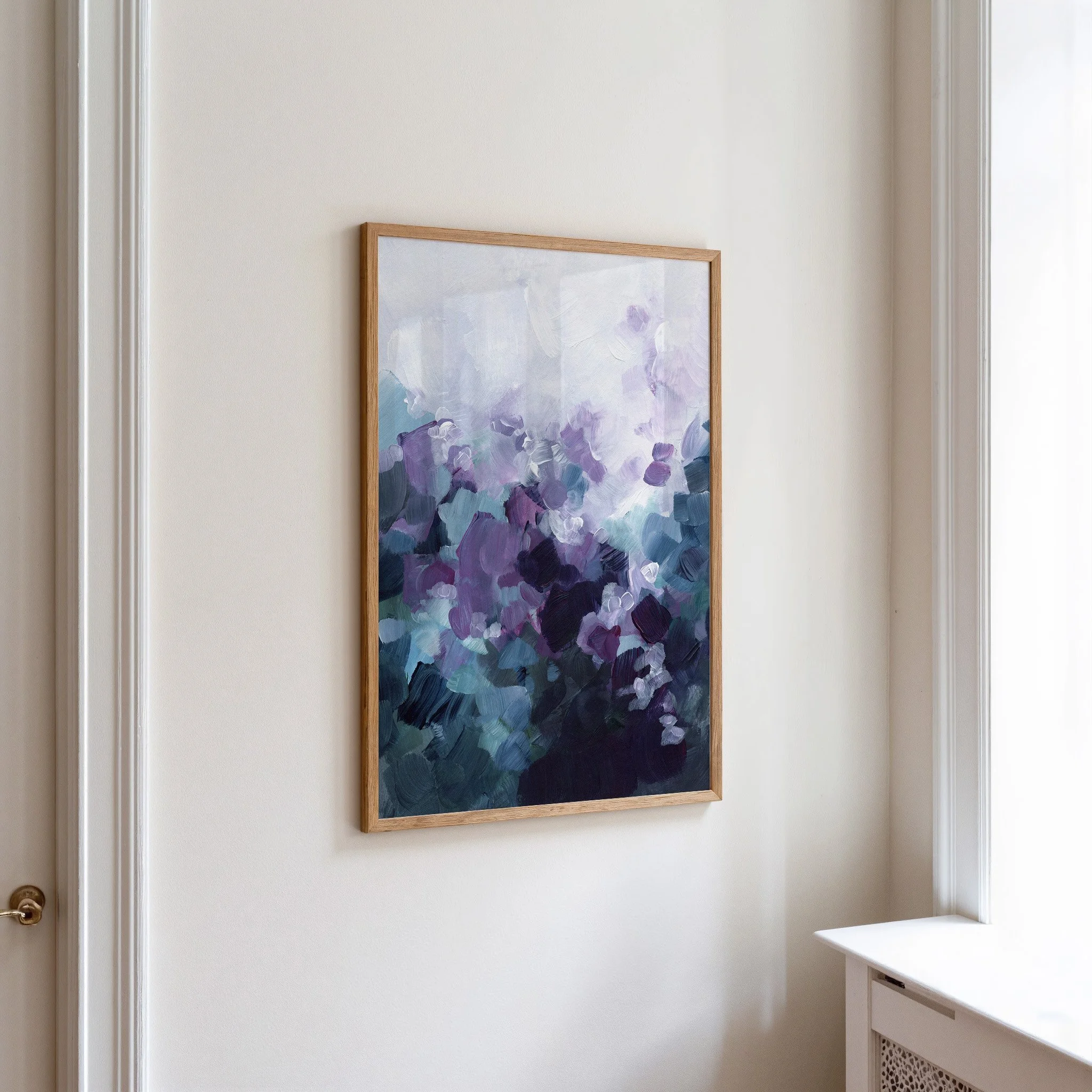 Playful Wonder - contemporary vertical abstract art print with purple accents. Art by Kendra Castillo