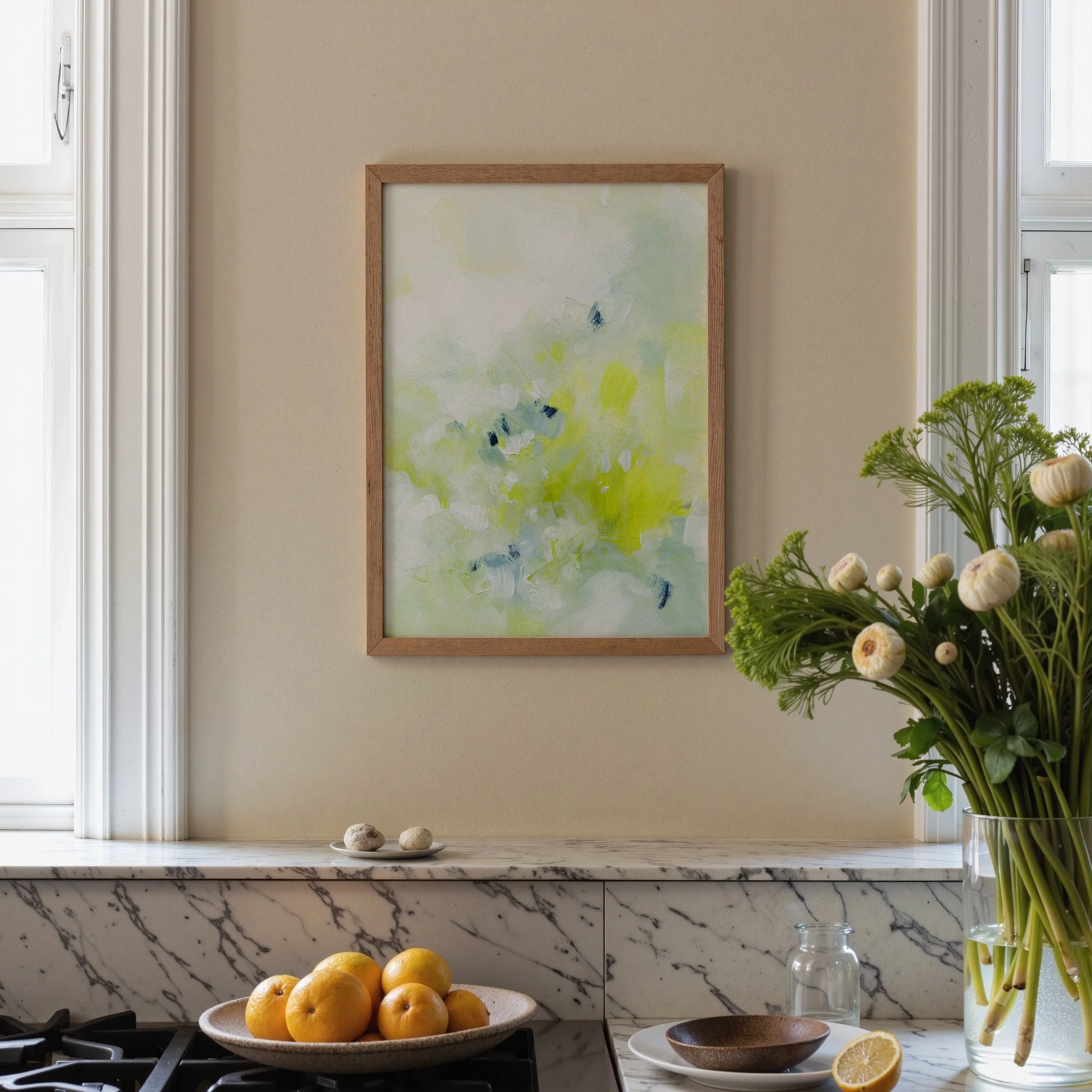 Minimal abstract fine art print with pale sage and bright chartreuse accents, fresh contemporary wall decor. Art by Kendra Castillo, Bellingham Washington artist