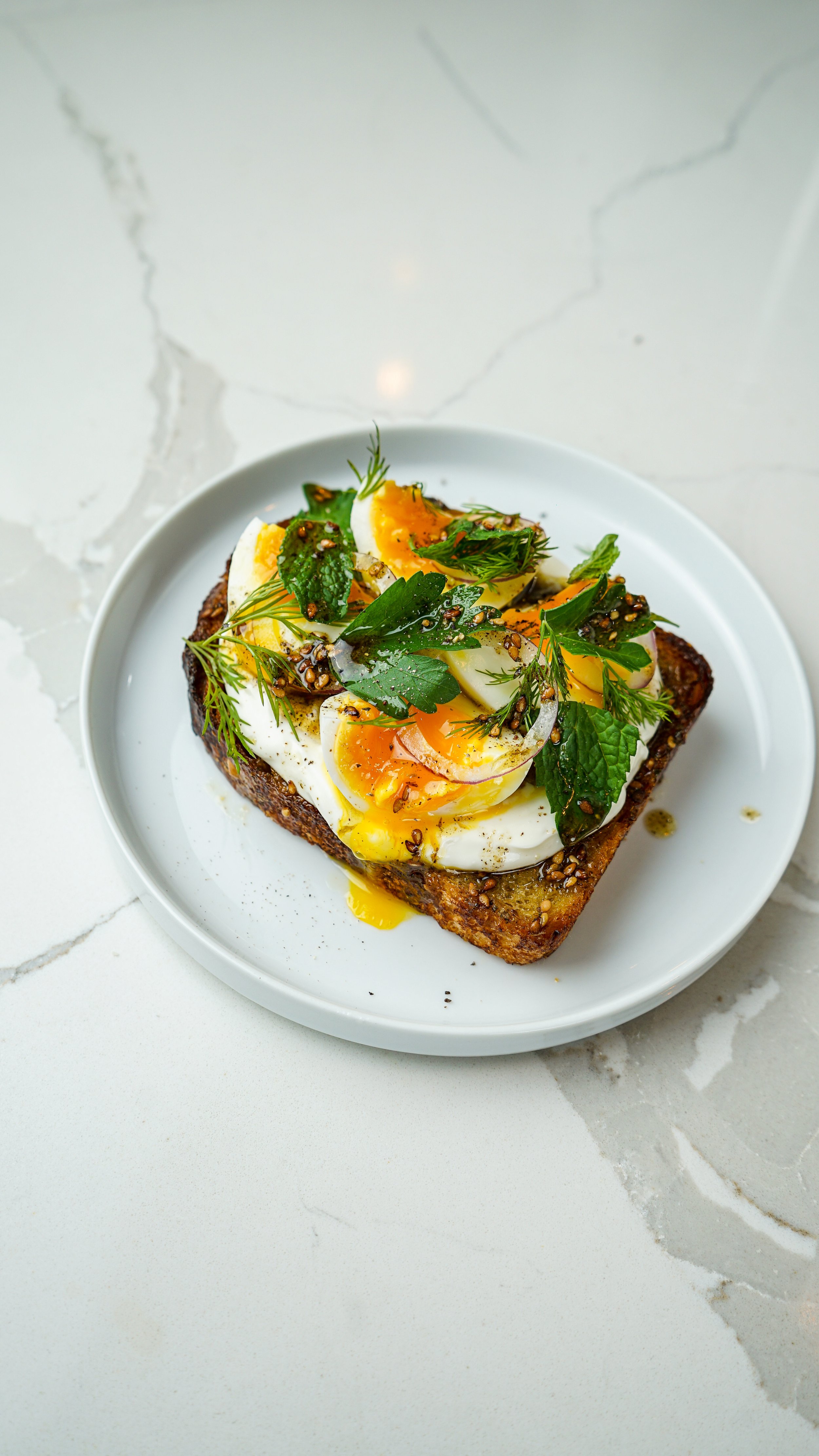 Za’atar Toast with Labneh &amp; Soft-Boiled Eggs, Red Onion, &amp; Herbs