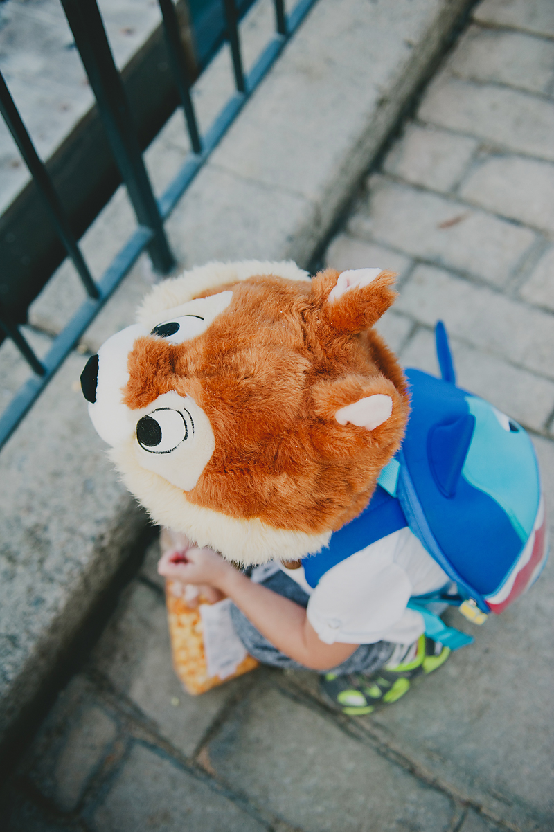 boy wearing chip hat and shark backpack at disneyland