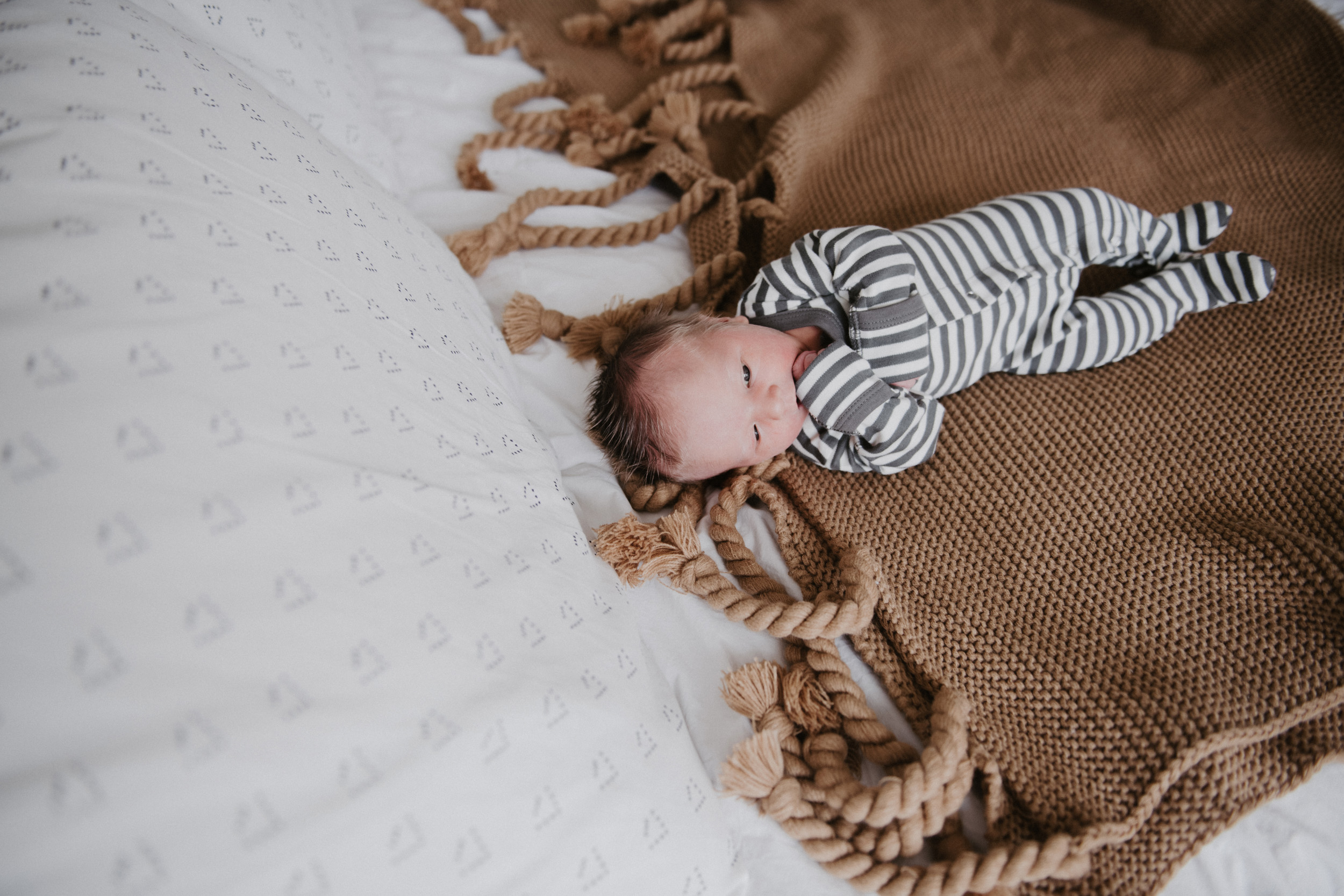 newborn in striped onesie on brown blanket