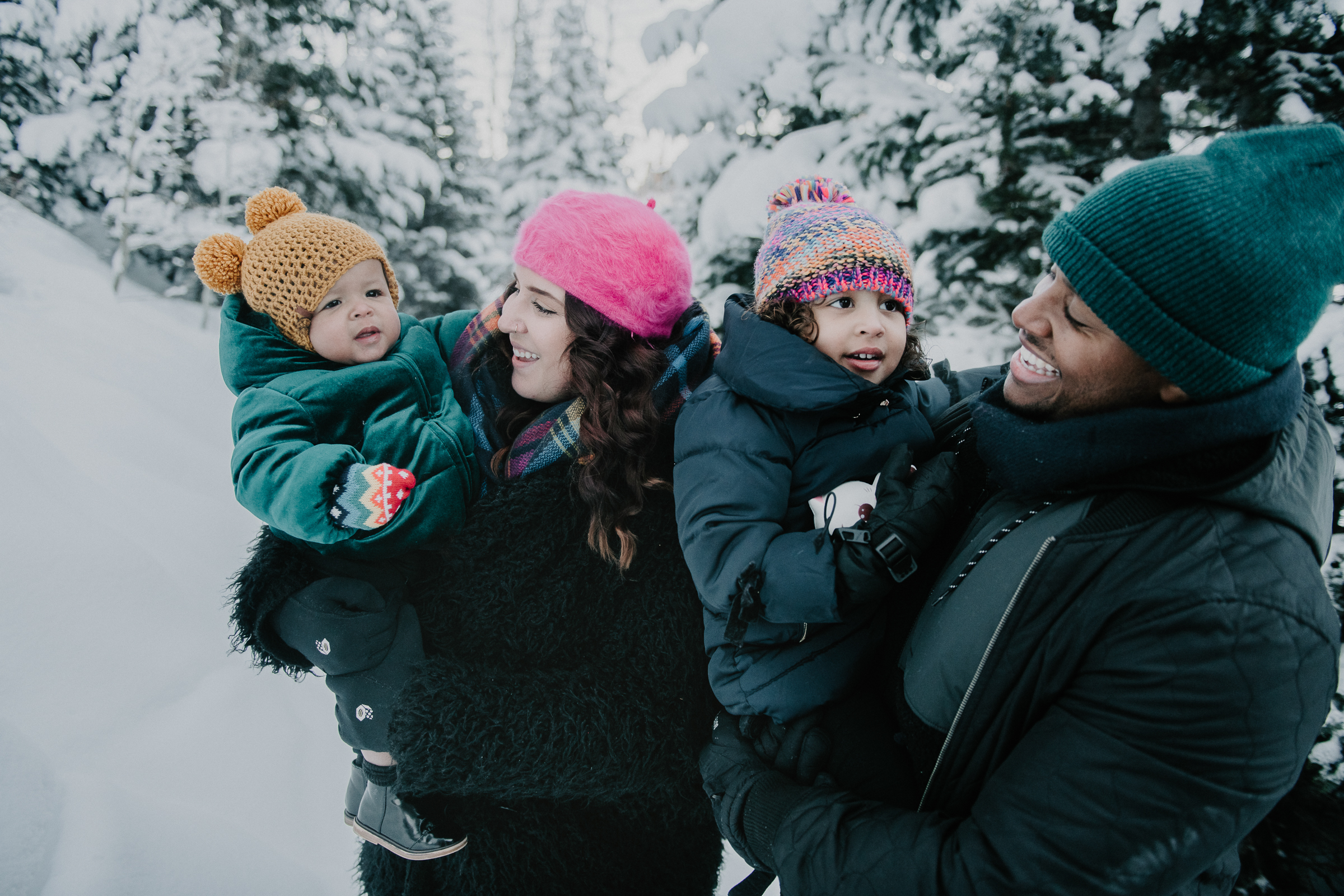 Family photo in snowy mountain
