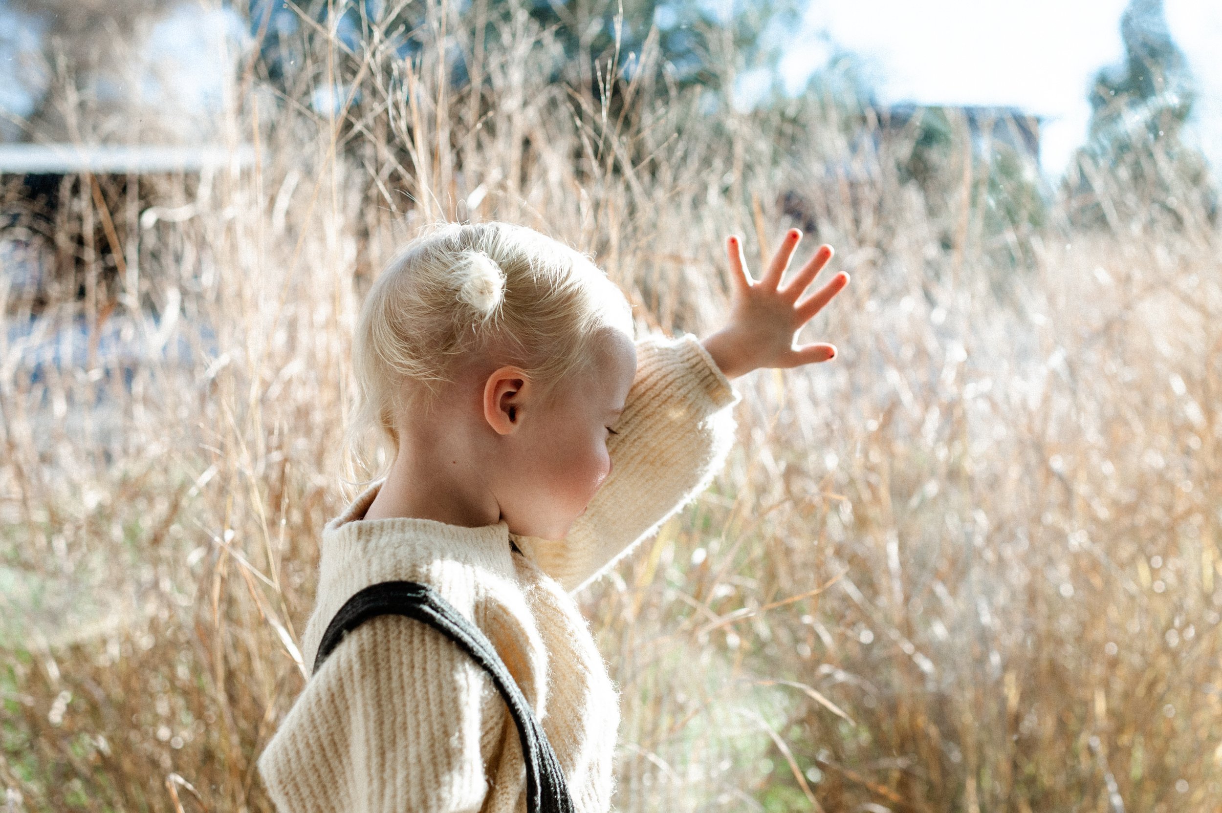 toddler with pigtails touching large window in room with sun shining through