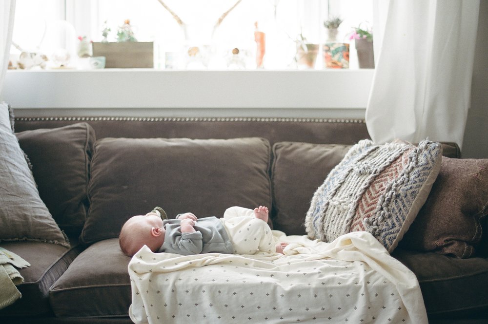 newborn baby lying on couch looking out window