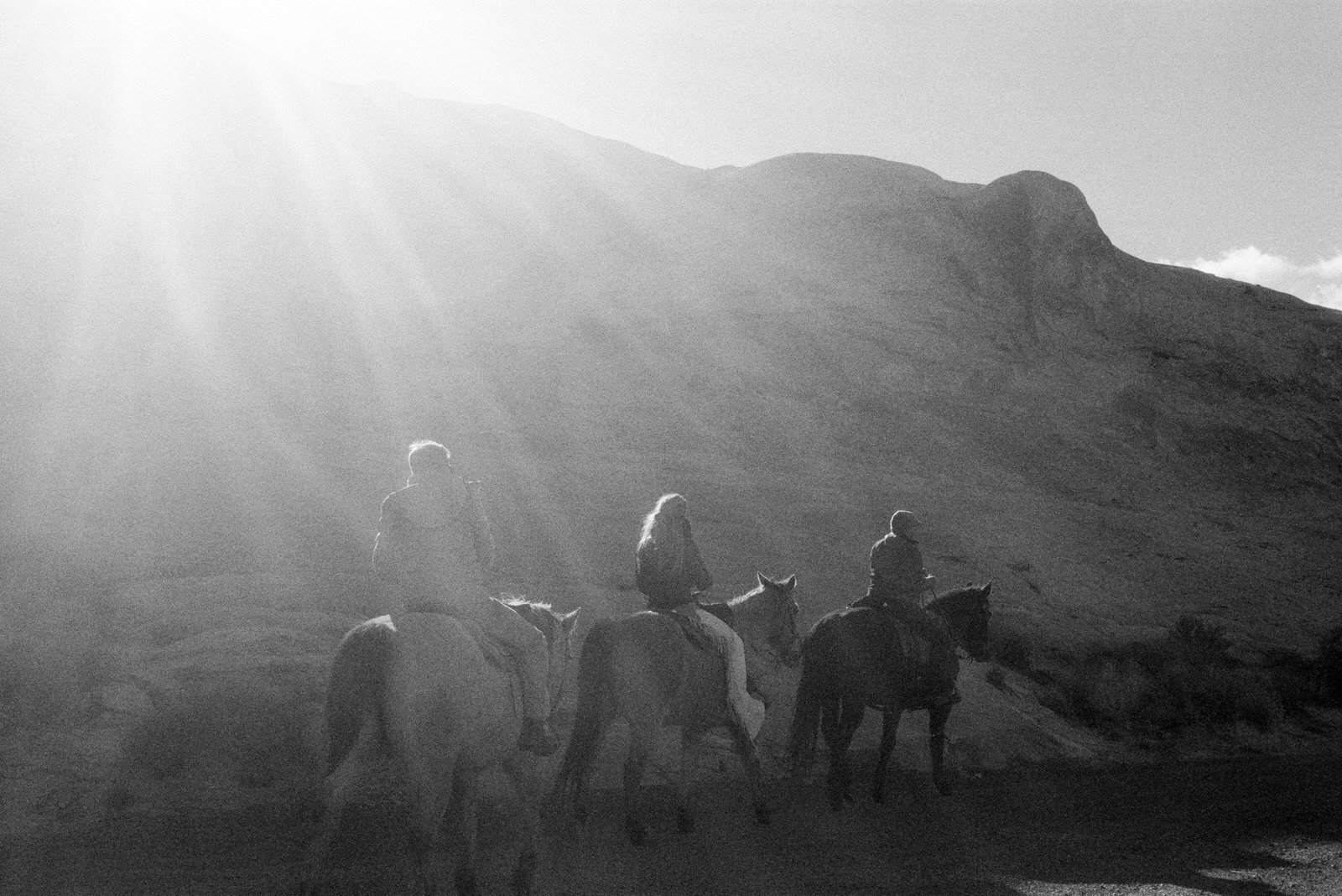 black and white film photo riding horses in desert at amangiri resort