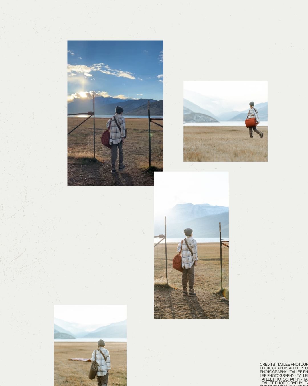Behind the scenes product photography, gathering sticks on outdoor picnic blanket in golden field