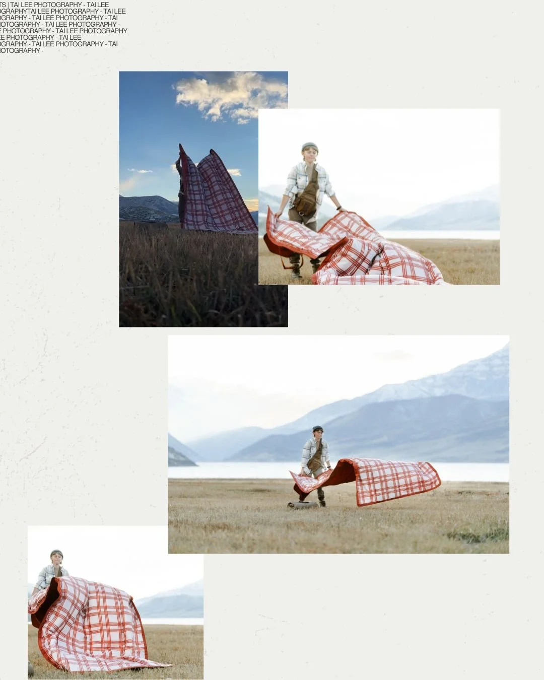 Behind the scenes product photography, gathering sticks on outdoor picnic blanket in golden field