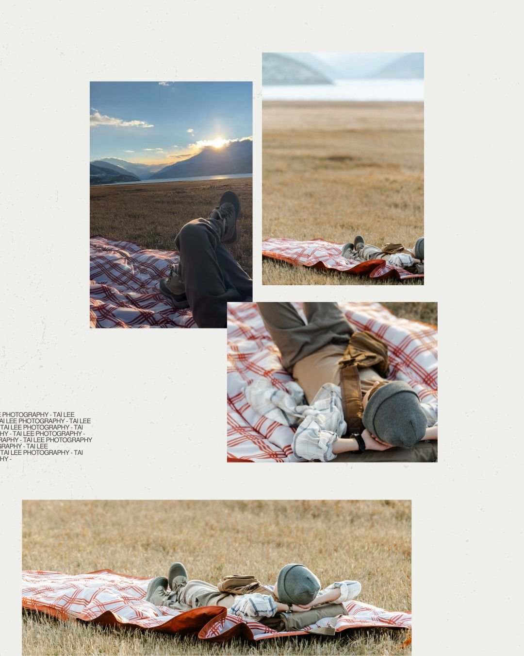 Small business photographer capturing lifestyle shot of picnic blanket in field by mountain lake at dusk
