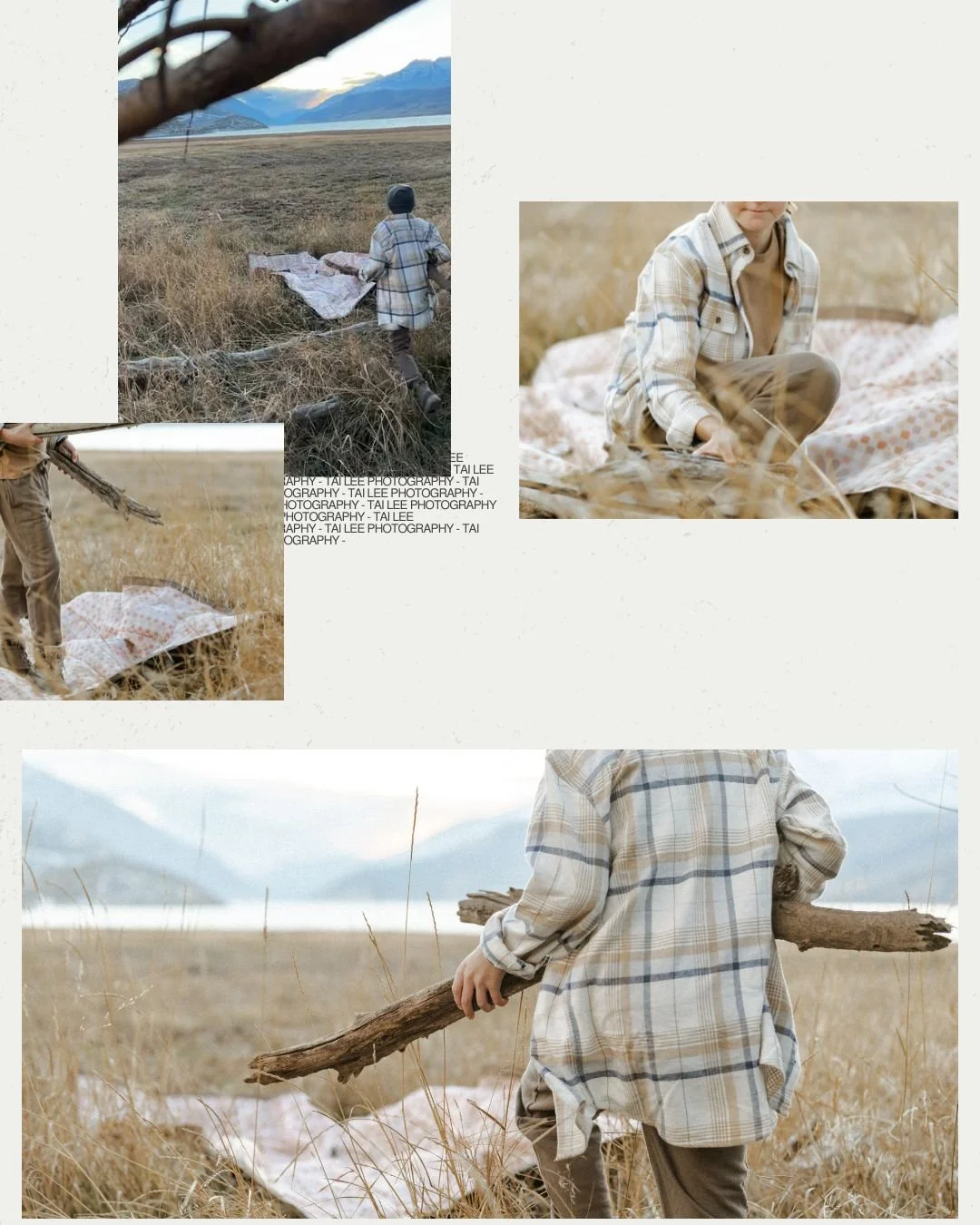 Kid dragging large tree branch across field and making rock piles on outdoor picnic blanket during outdoor lifestyle product photography shoot