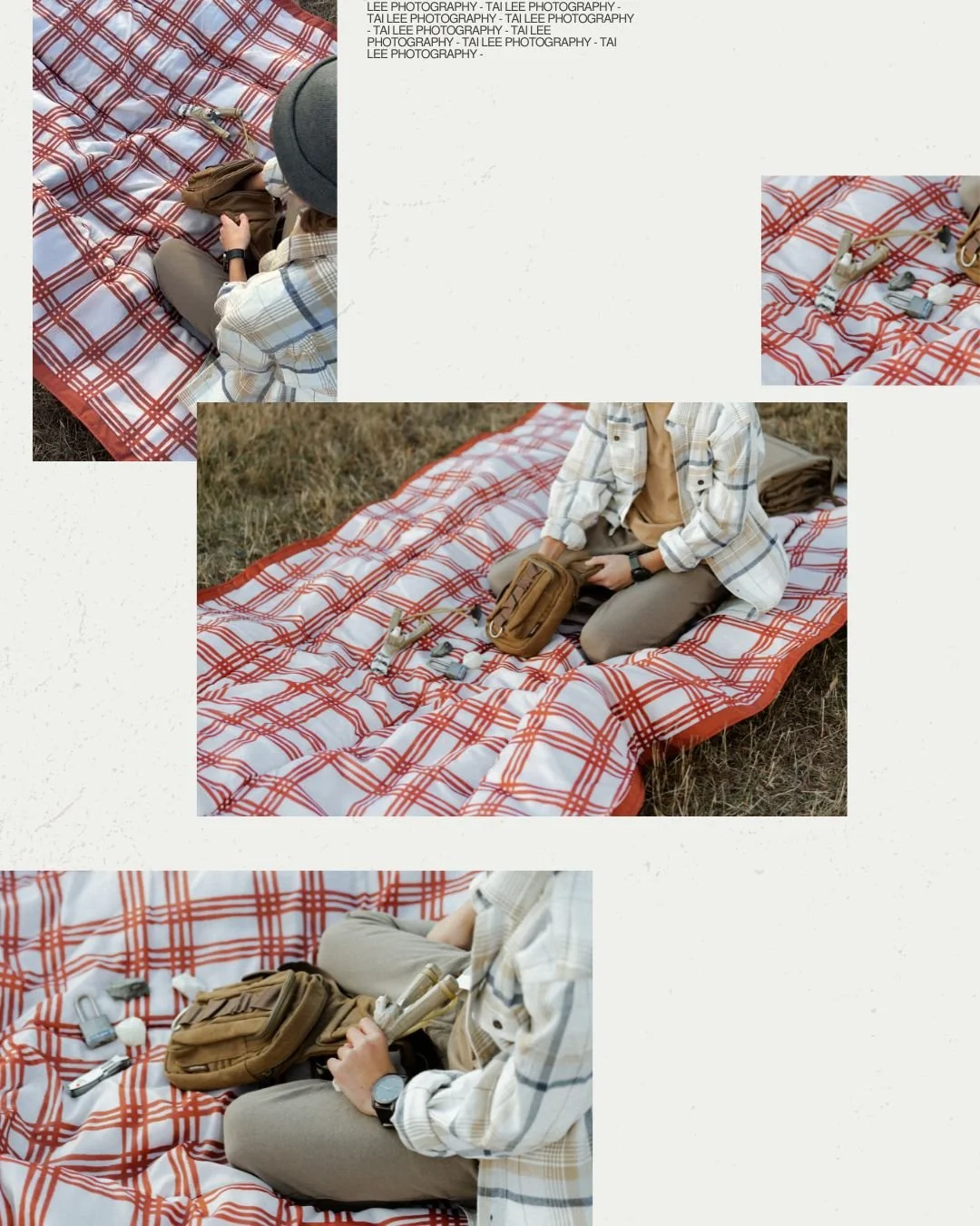 Flat lay product photography of camping pouch, slingshot, and stacked rocks on orange white plaid picnic blanket