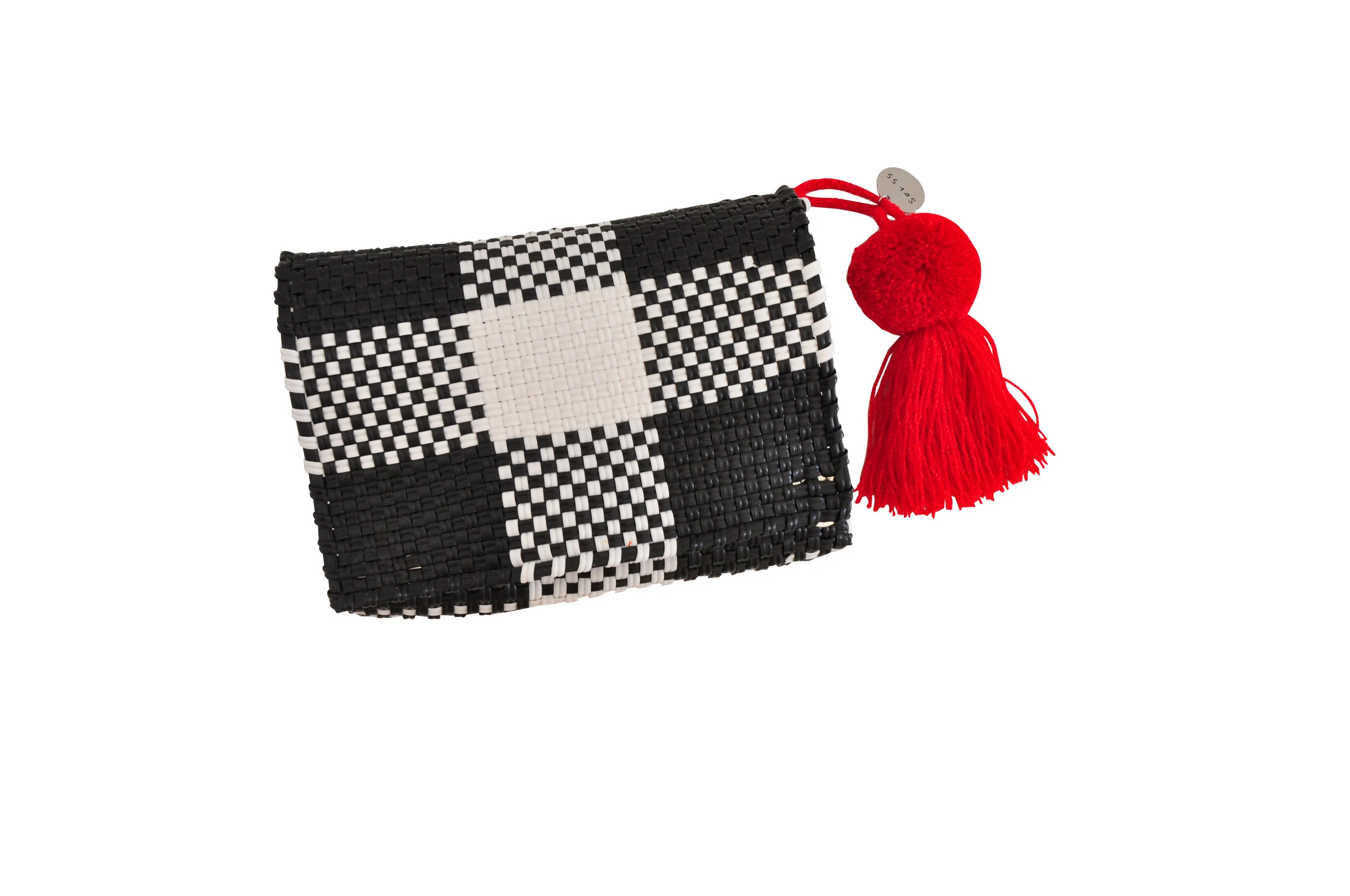 Cheche black and white check travel pouch purse recycled plastic with pom pom | Soi 55