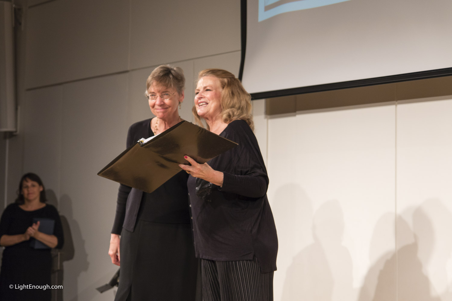  Diane Dorius, Chair Cabaret Planning Committee presents Award to long-serving Music Director Barbara Schelstrate at the UUCA Chalice Theatre Cabaret 20 year review (2016) Photo by John St Hilaire at www.lightenough.com 