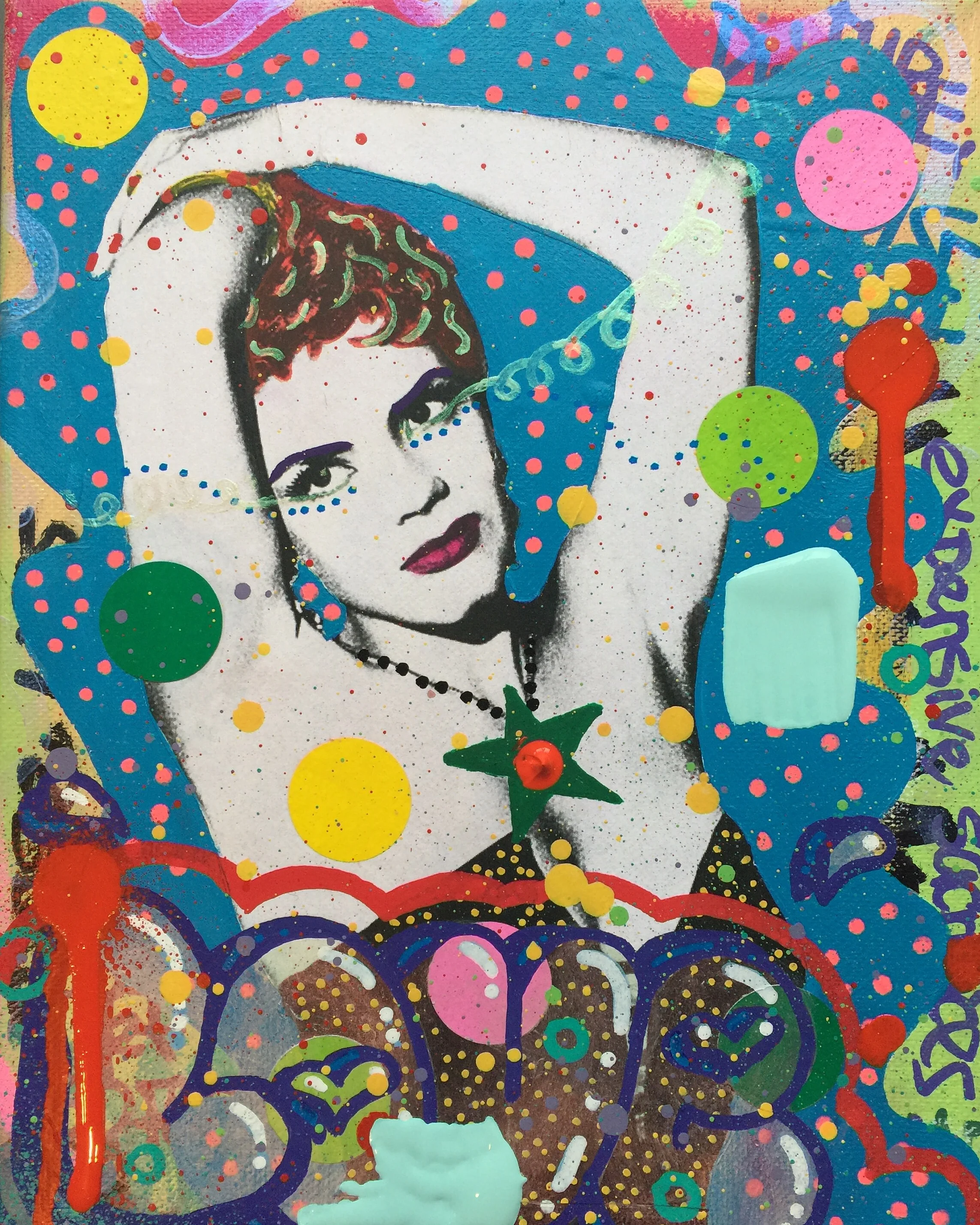 "Party Mix", mixed media on cotton, 8 x 10 inches, 2015.