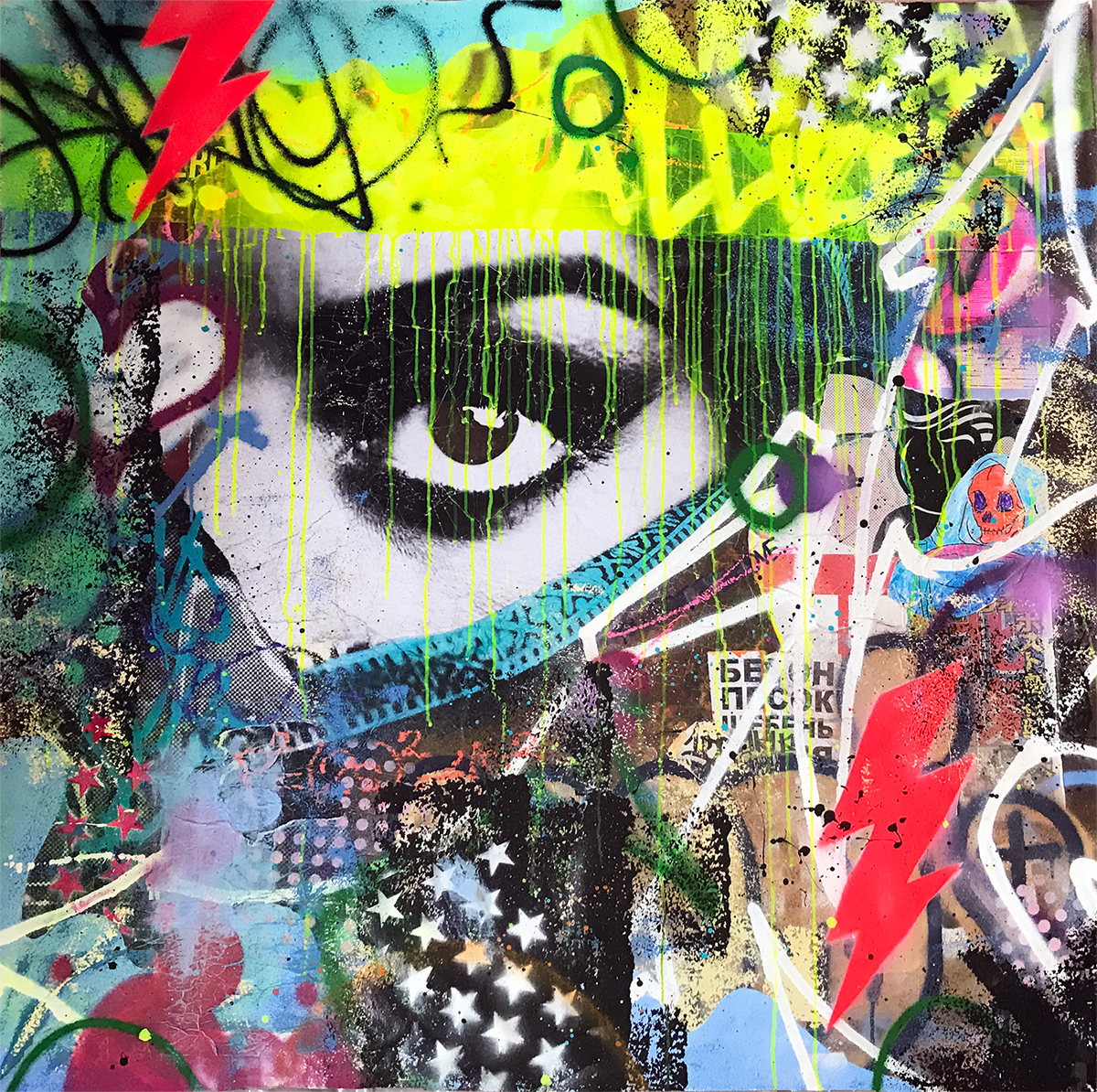 "Athena", 120 x 120 cm, mixed media on cotton, 2017.