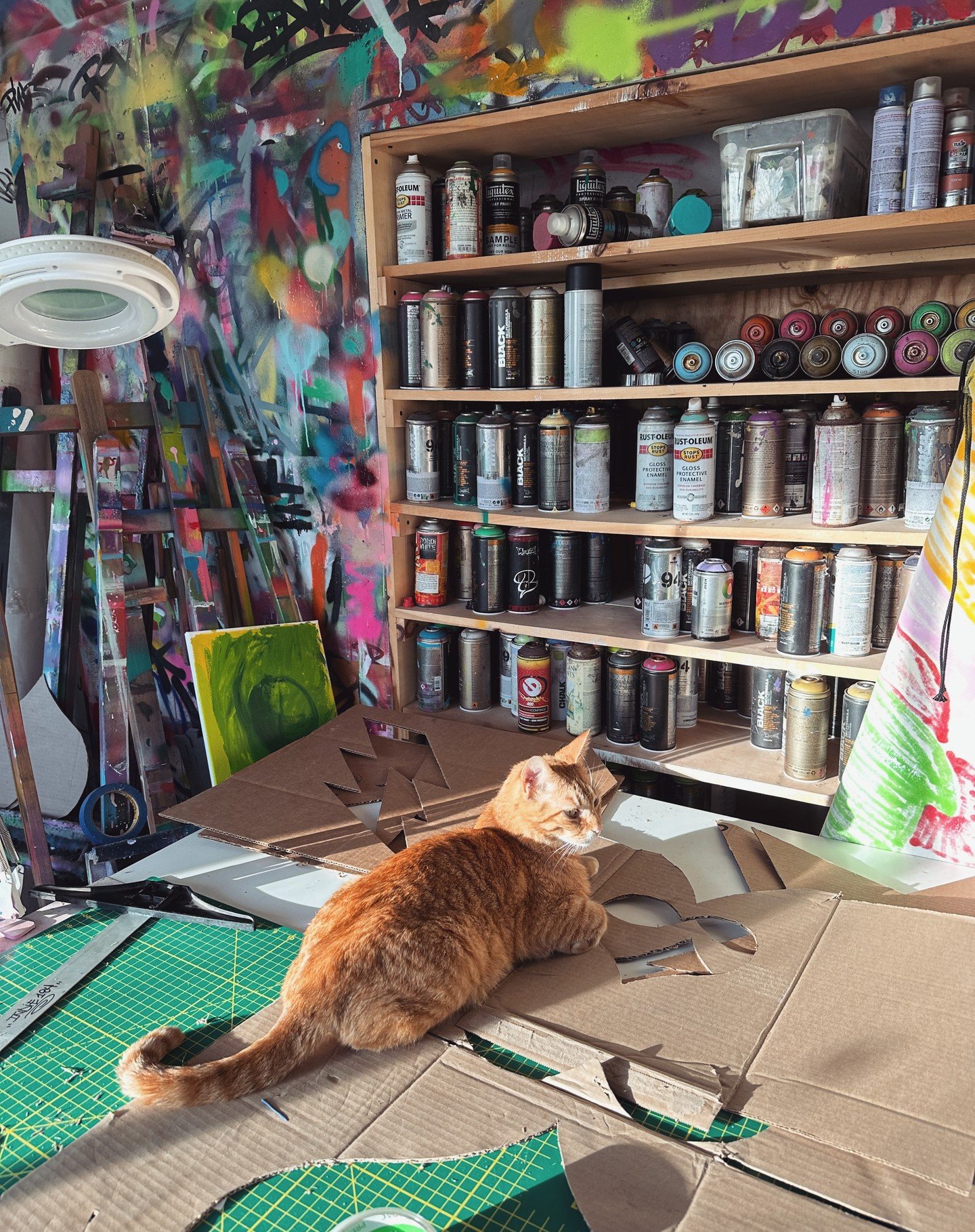 Surrounded by a kaleidoscope of colors (and studio assistant 🐈), carving out stencils that will soon grace the mural i've been working on for the past month. can't wait to share! ❤️ thank you @_juicyjenn @parlorgallery