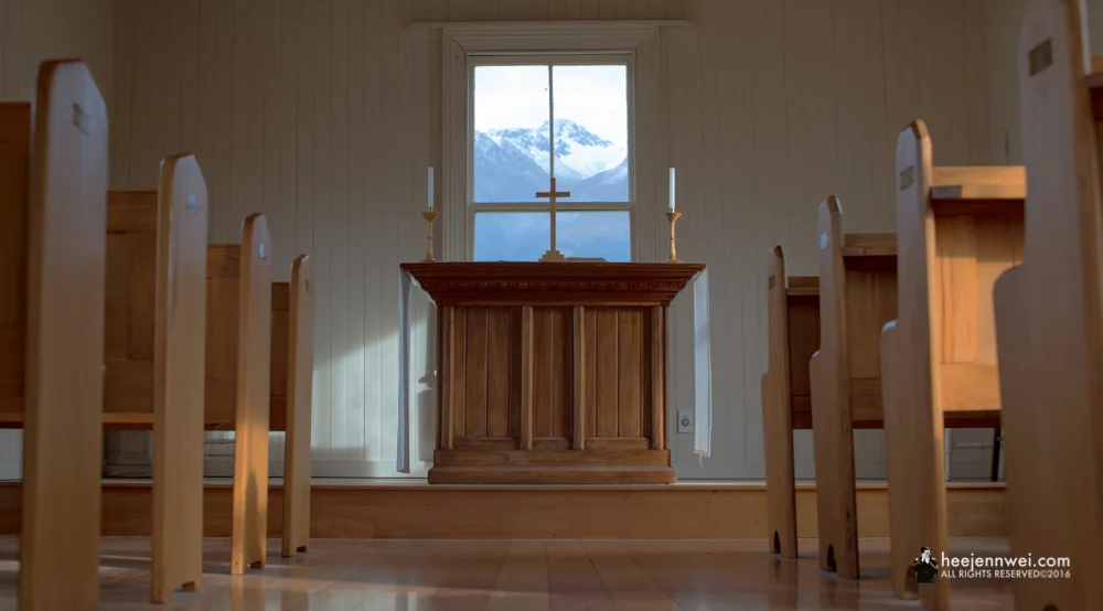 The Church - one of the historical buildings in Glenorchy. A tricky situation where bright outdoor background with dim indoor foreground, you can choose to bracket the shot in different exposures. 