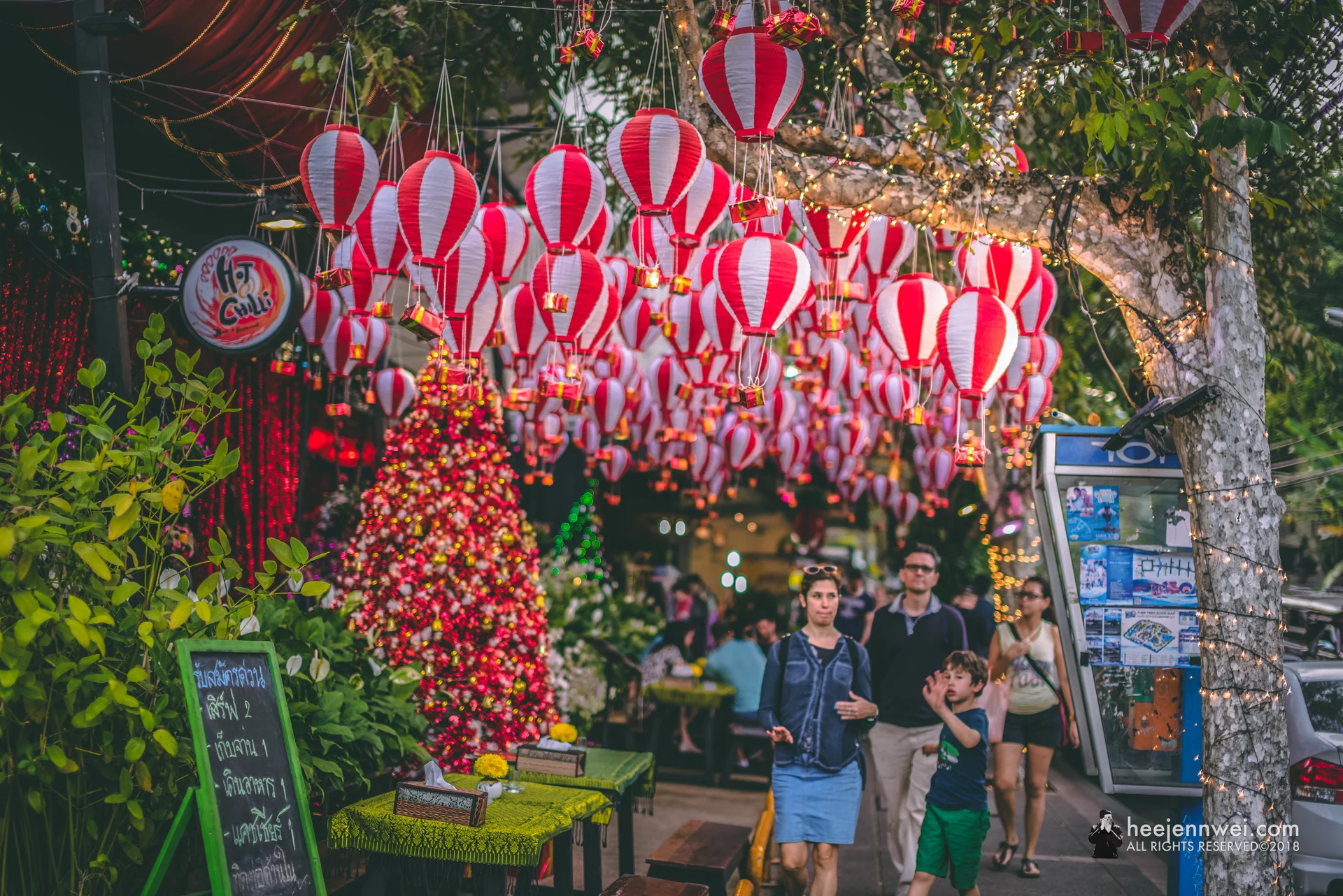 A contemporary cafe inside the Old City decorated miniature hot air balloons. 