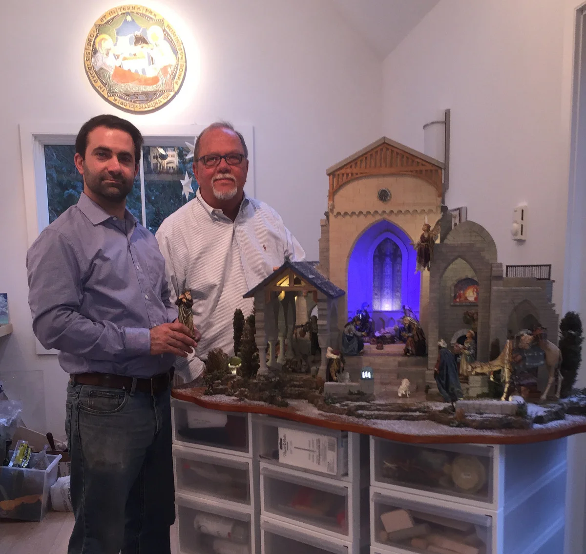 A.J. DiAntonio and Michael Stumpf with the completed Glencairn Nativity, in the Navidad Nativities workshop in Bucks County (2015).