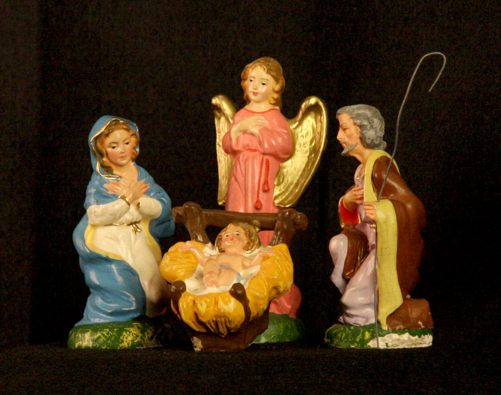 Papier-mache Nativity, Italy, 1950s and 60s. This Nativity set was was owned by Dr. Rita Bonaccorsi Bocher and her husband Herman “Bud” Bocher. Dr. Bocher is one of the founders of The Friends of the Creche , the only national Nativities organization in the USA. She has also been the publisher and editor of The Crèche Herald since its first appearance in 1997. In 2008, at the 18th International Crèche Congress in Augsburg, Germany, Dr. Bocher was awarded the Medal of the International Federation of Crèche Societies for her efforts in promoting the Nativity tradition. Collection of Glencairn Museum, gift of Rita Bonaccorsi Bocher.