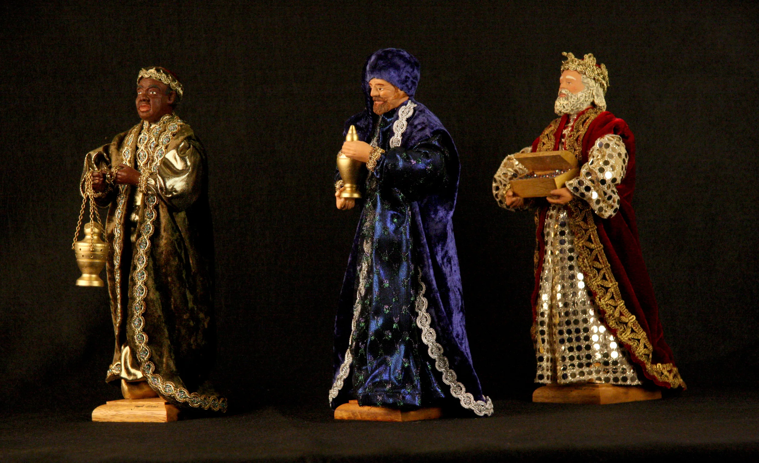 Santons from France made from fired clay, cloth, and other materials, 2008. The French Revolution played a role in establishing the tradition of santons or “little saints.” Before the churches in France were closed in 1794 it was customary for them to put on Nativity plays; when the revolutionary authorities banned these plays individuals began to set up Nativities in their own homes. Santons come in a variety of sizes. These large figures of the three wise men were made by an artist signed “Marie,” from Saint-Maximin-la-Sainte-Baume. Collection of Glencairn Museum, gift of Alan and Mary Liz Pomeroy.