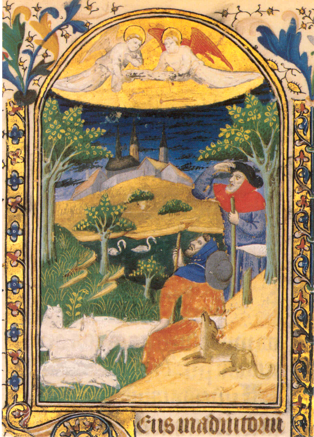 This illustration of the Annunciation to the Shepherds comes from a 15th-century Flemish Book of Hours in the collection of Glencairn Museum (07.MS.639). Books of Hours were prayer books for the laity. Glencairn’s book includes a number of other pictures from the Christmas story, including the Annunciation to Mary, the Visitation of Mary to Elizabeth, the Nativity, the Adoration of the Wise Men, the Presentation in the Temple, the Massacre of the Innocents, and the Flight into Egypt.