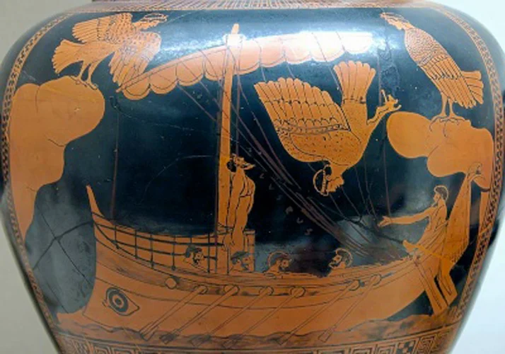 Figure 4: Attic red-figured stamnos with a scene of Odysseus and the Sirens, ca. 480-470 B.C., from Vulci, British Museum E440. Image in the public domain through Wikipedia.