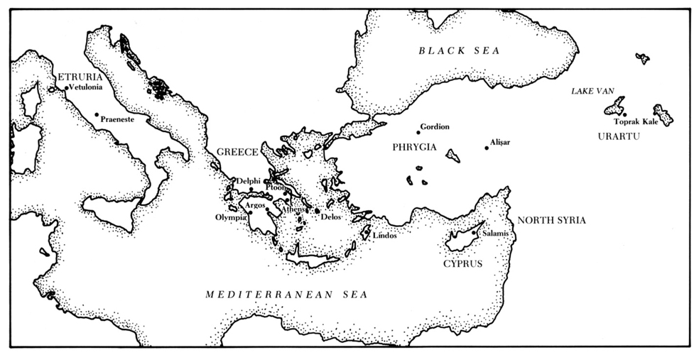 Figure 7: Map of Mediterranean and Near East with sites where siren cauldron attachments have been found. Drawing by Julie Cowan in D. G. Romano and V. C. Pigott, “A Bronze Siren Cauldron Attachment from Bryn Athyn,” MASCA Journal 2 (1983), 124.