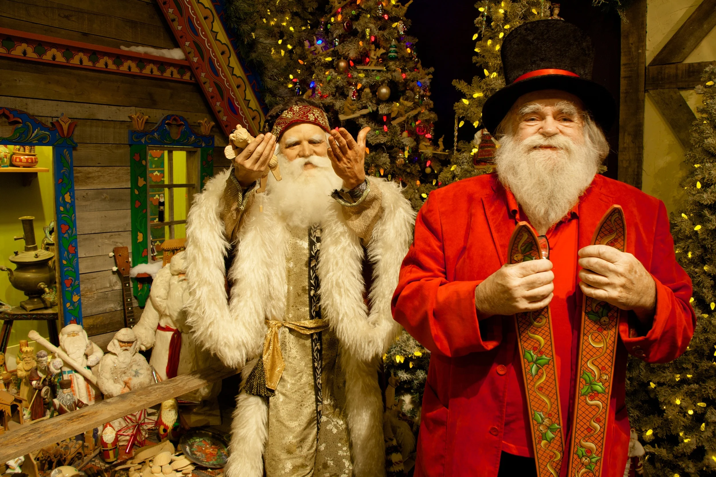 HAPPY NEW YEAR from Father Frost and Santa, Jr. (a.k.a. Jim Morrison in red). The figure of Father Frost, who delivers presents on New Year’s Eve in Russia, is part of a Christmas Around the World exhibition at the National Christmas Center.