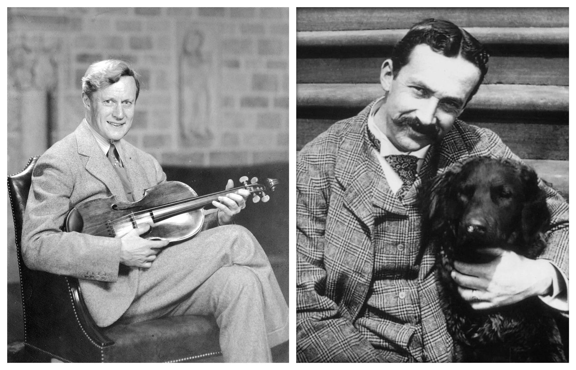 Figure 1: Raymond Pitcairn (left) seated in the Great Hall of Glencairn with his viola; Henry Chapman Mercer with his beloved dog, Rollo.