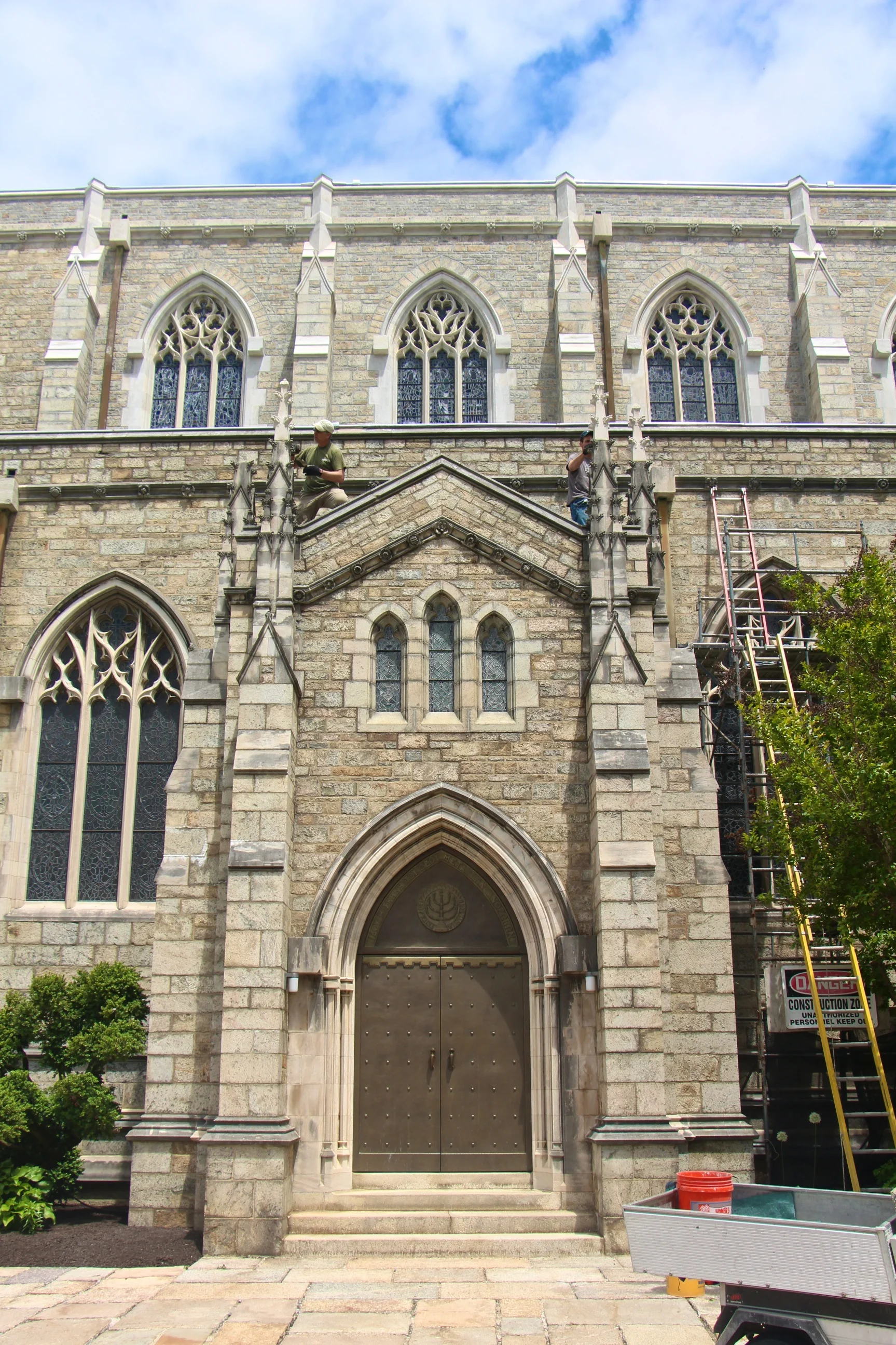 Figure 1: The entry to the south nave of Bryn Athyn Cathedral. The stone work of the upper wall has been completely restored and cleaned. The lower wall, including the stone work for the south entry, is in the process of being restored this year.